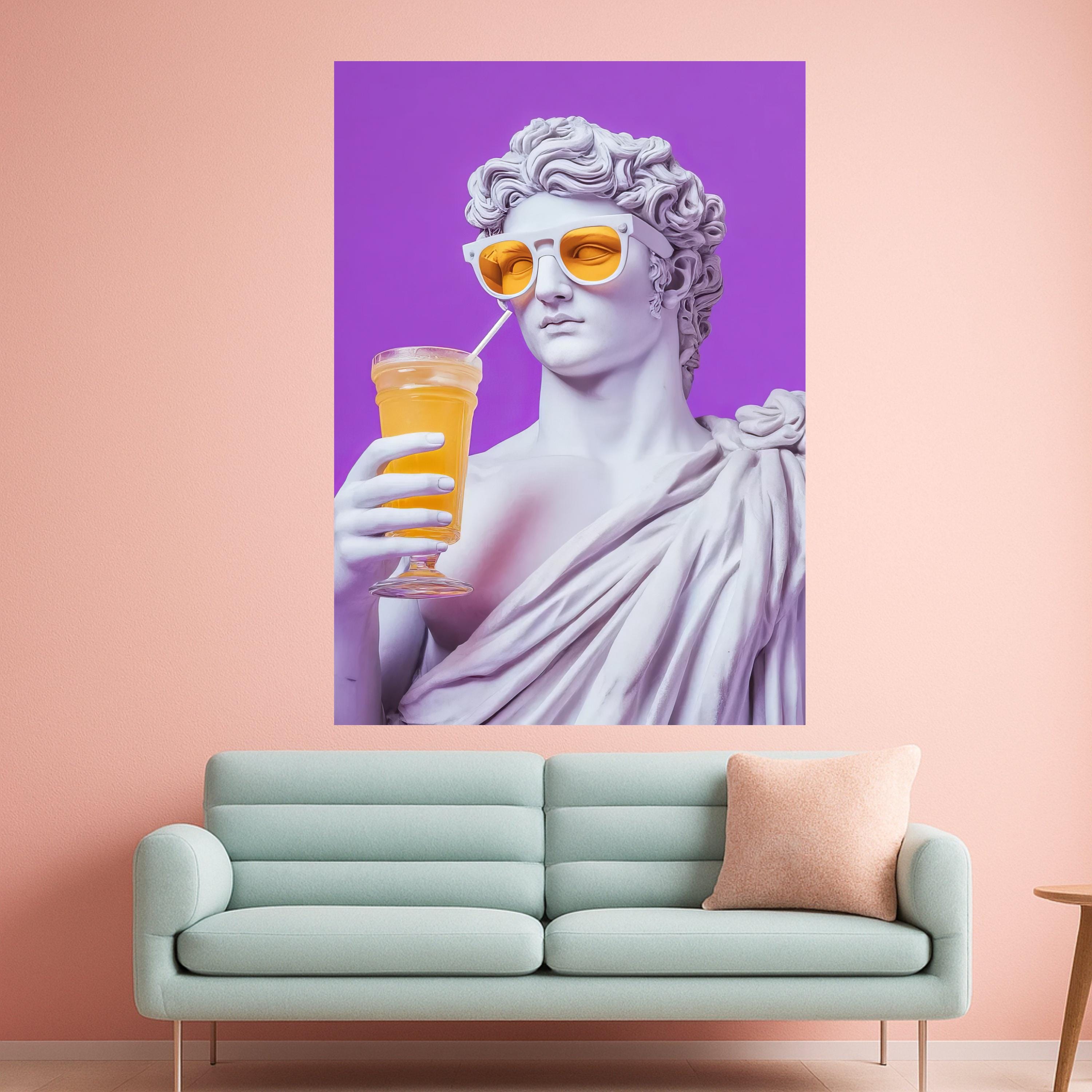 Modern Classical Sculpture Canvas, Retro Statue with Sunglasses, Purple Background Wall Art, Pop Art Home Decor, Unique Ready To Hang,