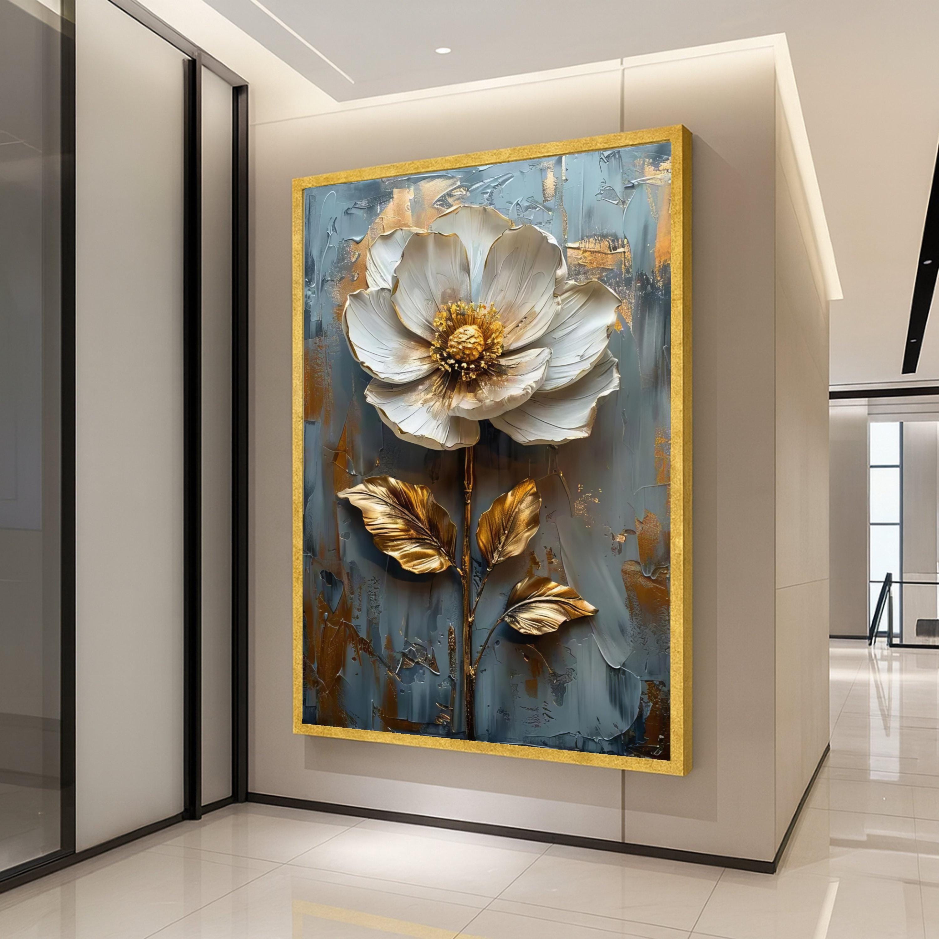 Elegant White and Gold Flower Canvas Wall Art, Floral Painting, Metallic Botanical Decor, Modern Abstract Canvas for Living Ready To Hang,