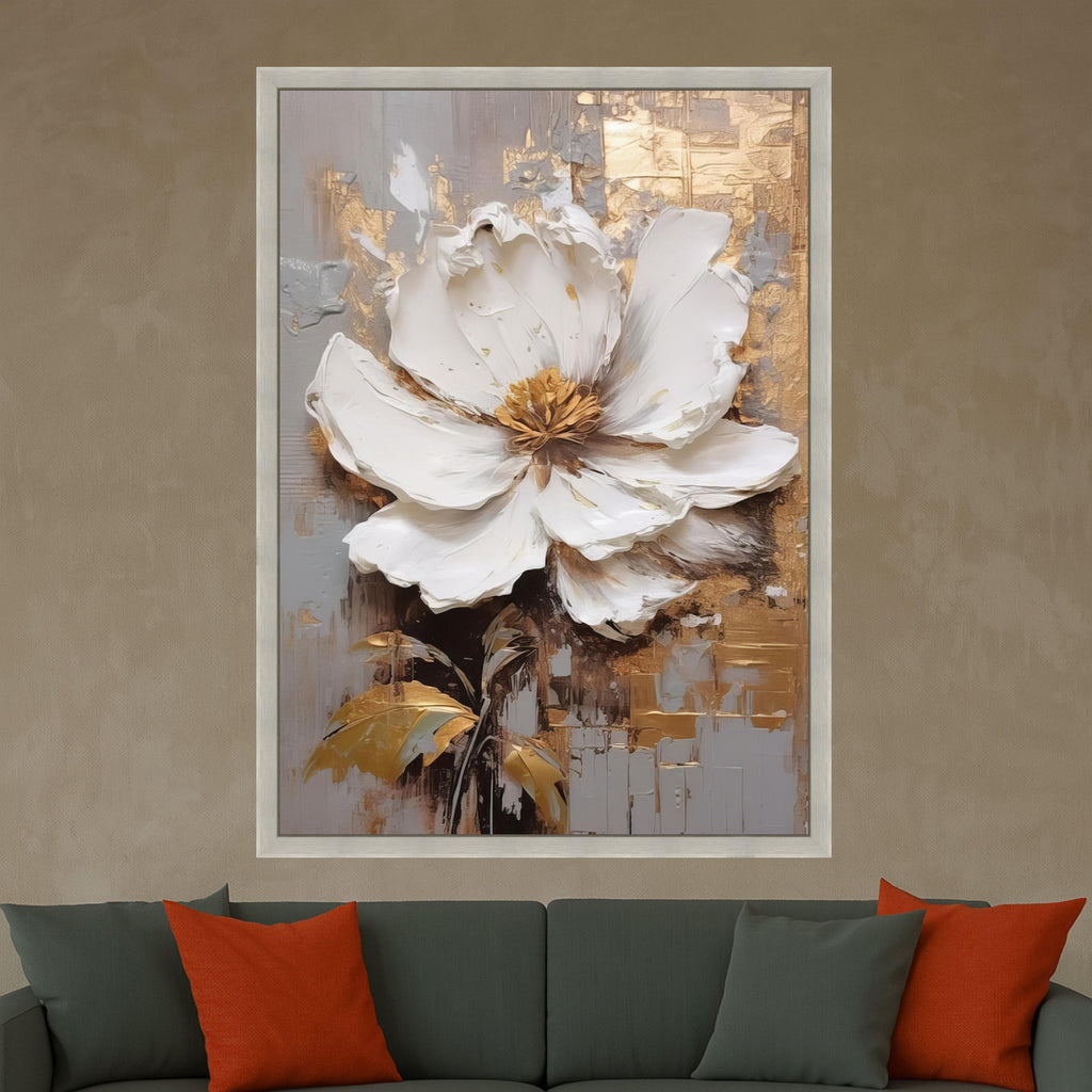 Elegant White Flower Canvas Art, Gold Leaf Abstract Floral Wall Decor, Modern Botanical Painting, Luxury Home Decoration Ready To Hang,