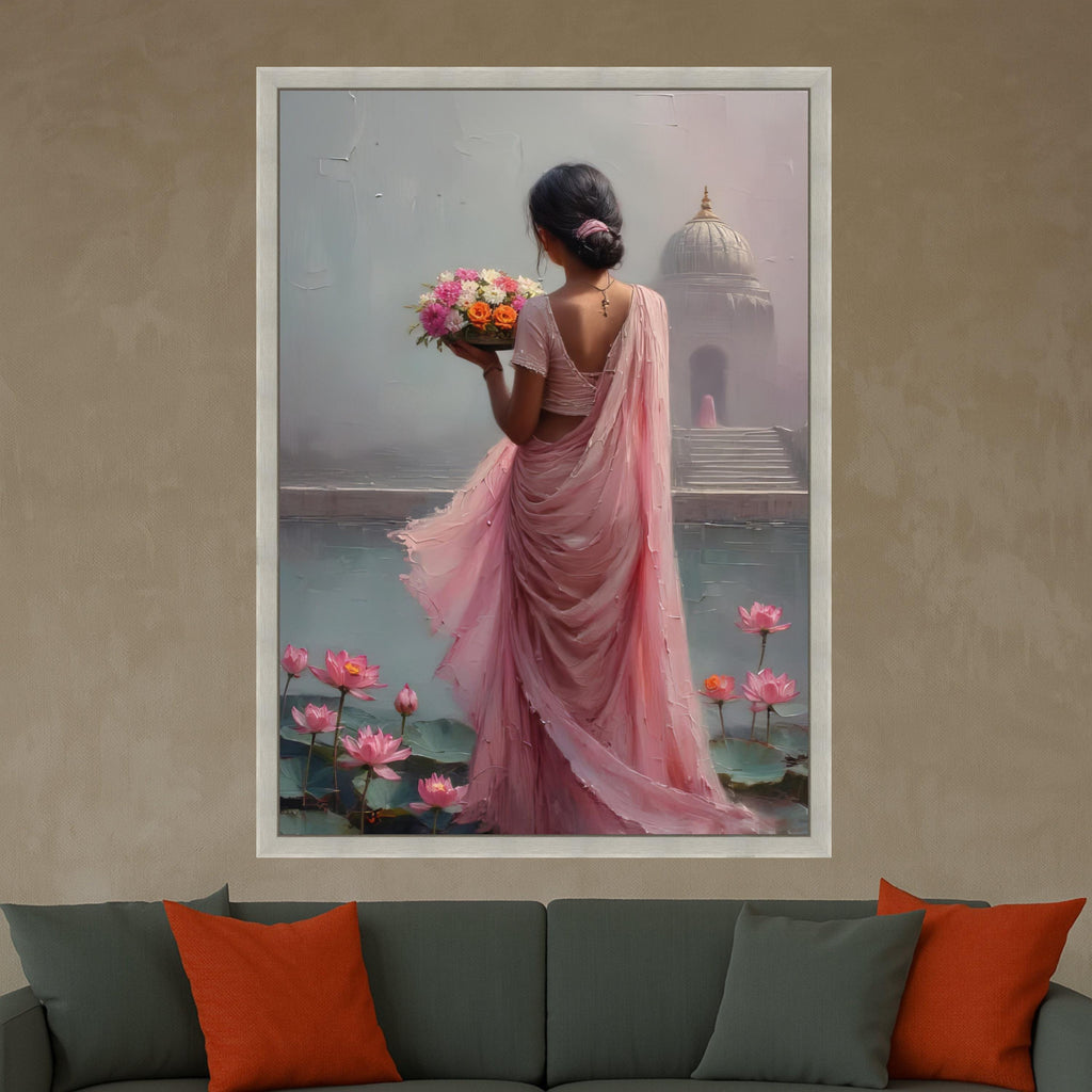 Serene Indian Woman in Pink Saree, Lotus Flowers Canvas Wall Art, Ethnic Floral Home Decor, Spiritual Garden Scene Canvas, Ready To Hang,