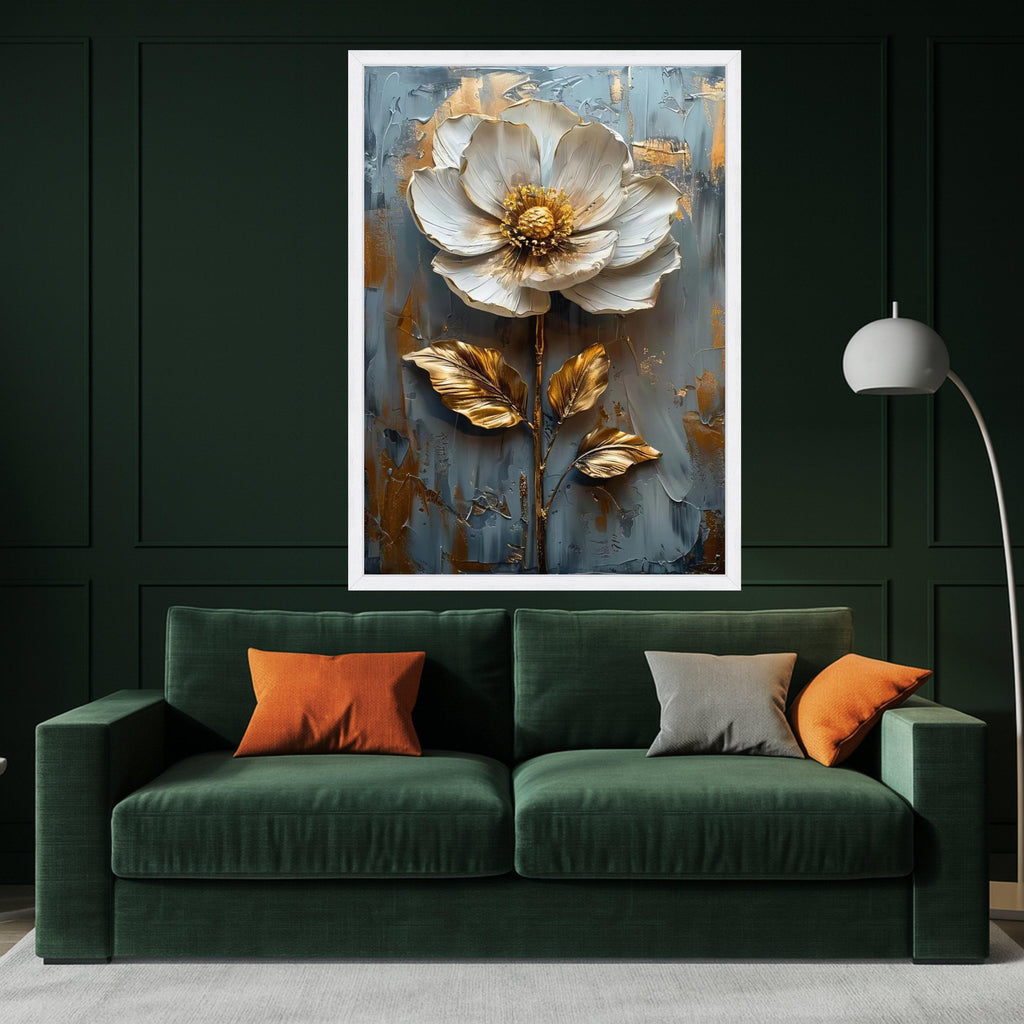 Elegant White and Gold Flower Canvas Wall Art, Floral Painting, Metallic Botanical Decor, Modern Abstract Canvas for Living Ready To Hang,
