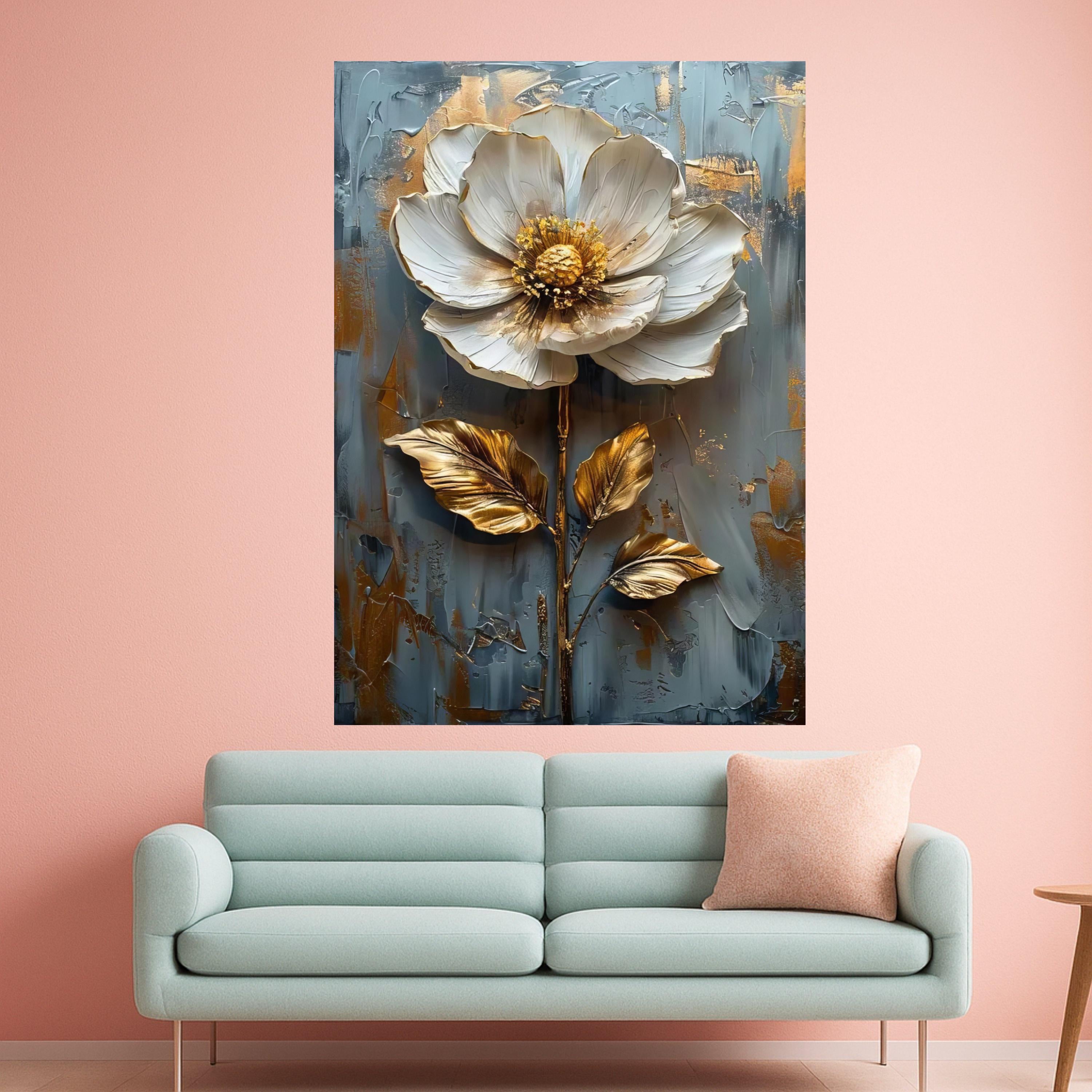 Elegant White and Gold Flower Canvas Wall Art, Floral Painting, Metallic Botanical Decor, Modern Abstract Canvas for Living Ready To Hang,