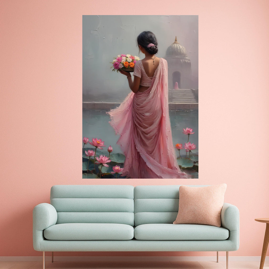 Serene Indian Woman in Pink Saree, Lotus Flowers Canvas Wall Art, Ethnic Floral Home Decor, Spiritual Garden Scene Canvas, Ready To Hang,