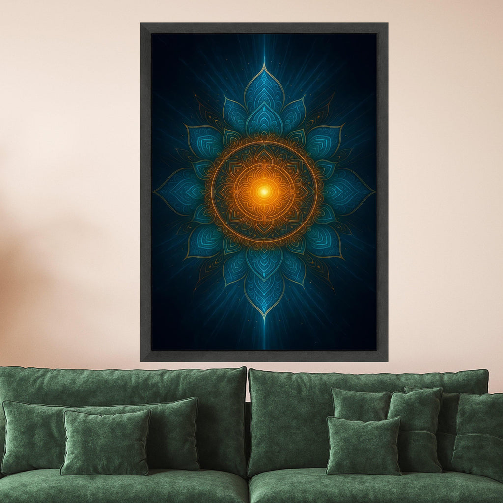 Mandala Canvas Print – Sacred Geometry Wall Art – Spiritual Wall Decor – Blue & Orange Artwork – Ready to Hang Wall Decoration