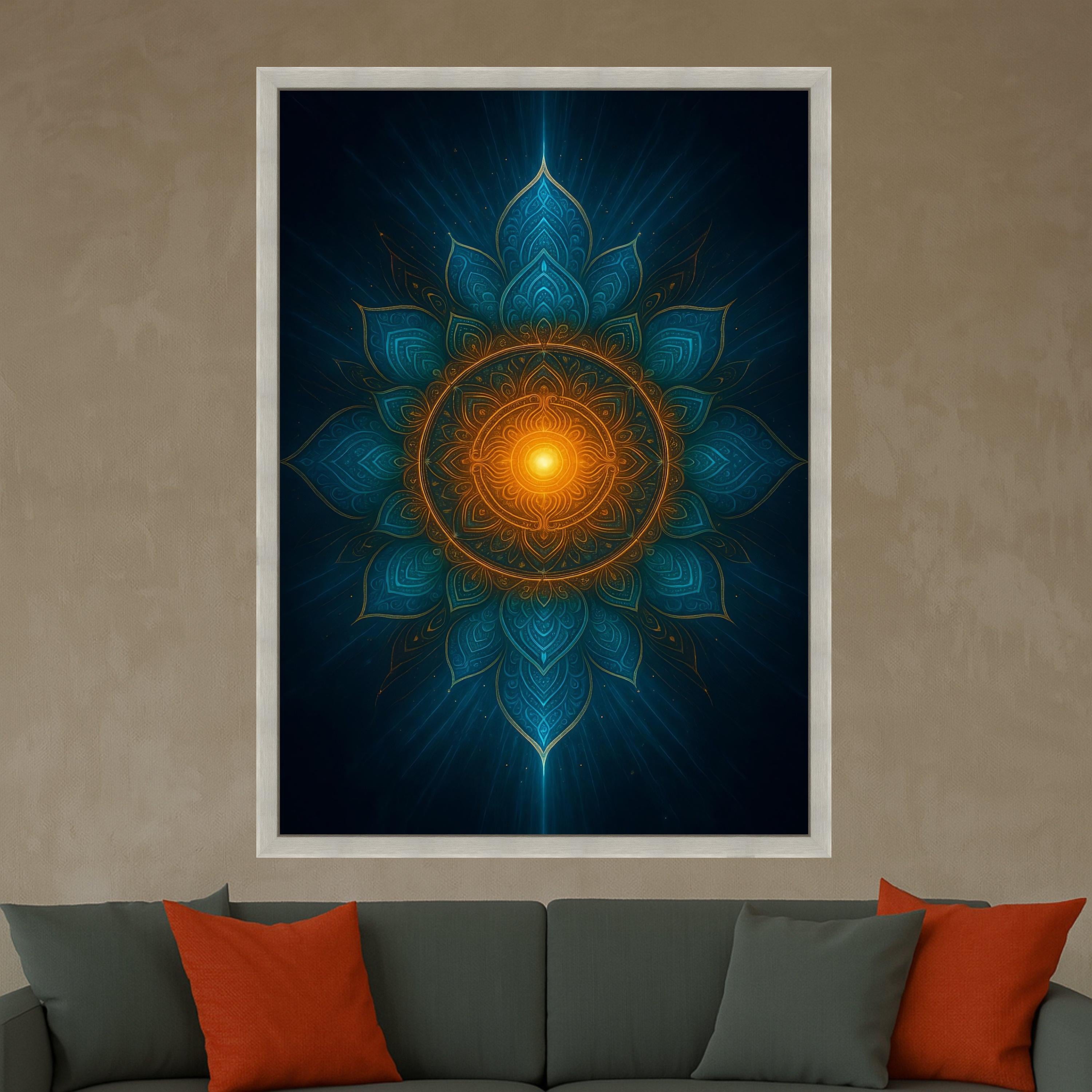 Mandala Canvas Print – Sacred Geometry Wall Art – Spiritual Wall Decor – Blue & Orange Artwork – Ready to Hang Wall Decoration