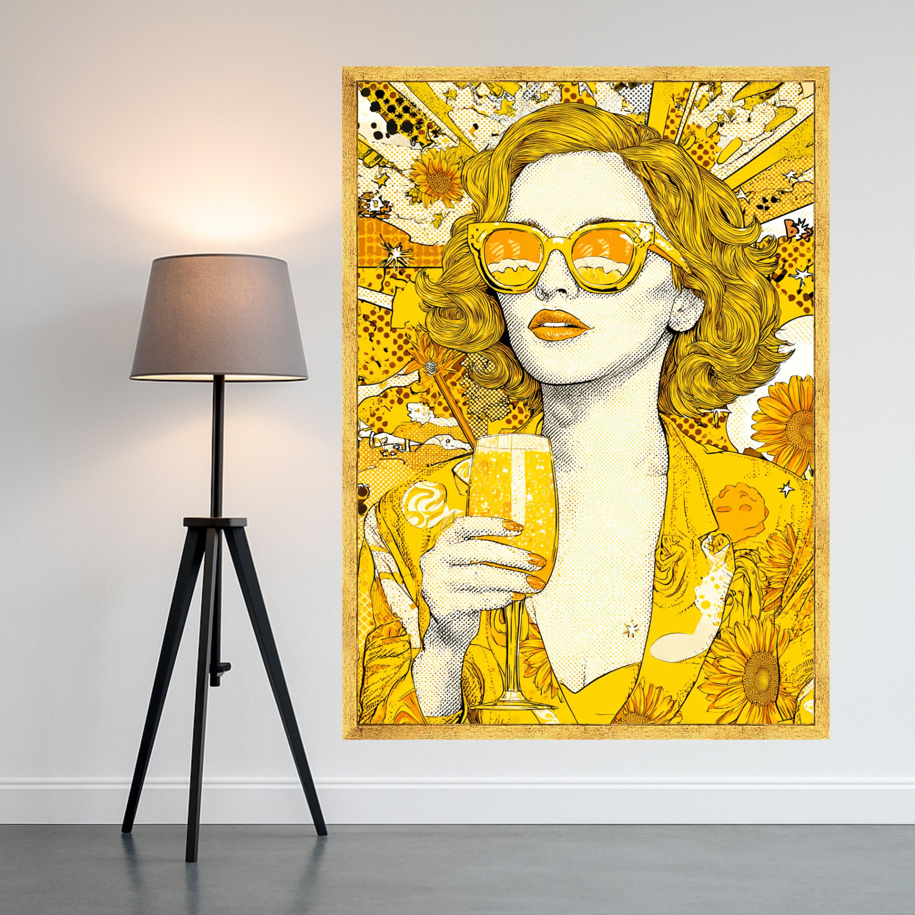 Vibrant Yellow Pop Art Woman Canvas, Retro Sunglasses Wall Art, Sunflower Theme Canvas, Bright Modern Home Decor, Fashion Ready To Hang,