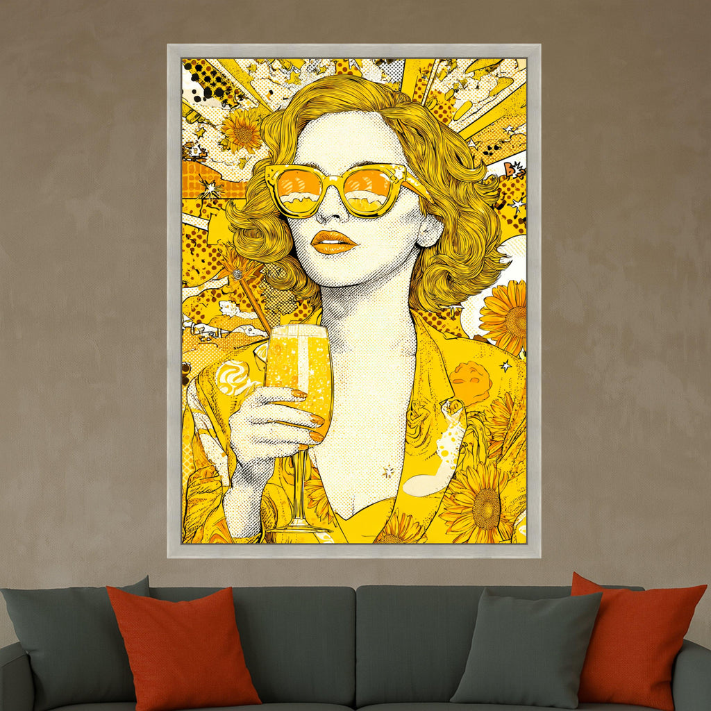 Vibrant Yellow Pop Art Woman Canvas, Retro Sunglasses Wall Art, Sunflower Theme Canvas, Bright Modern Home Decor, Fashion Ready To Hang,