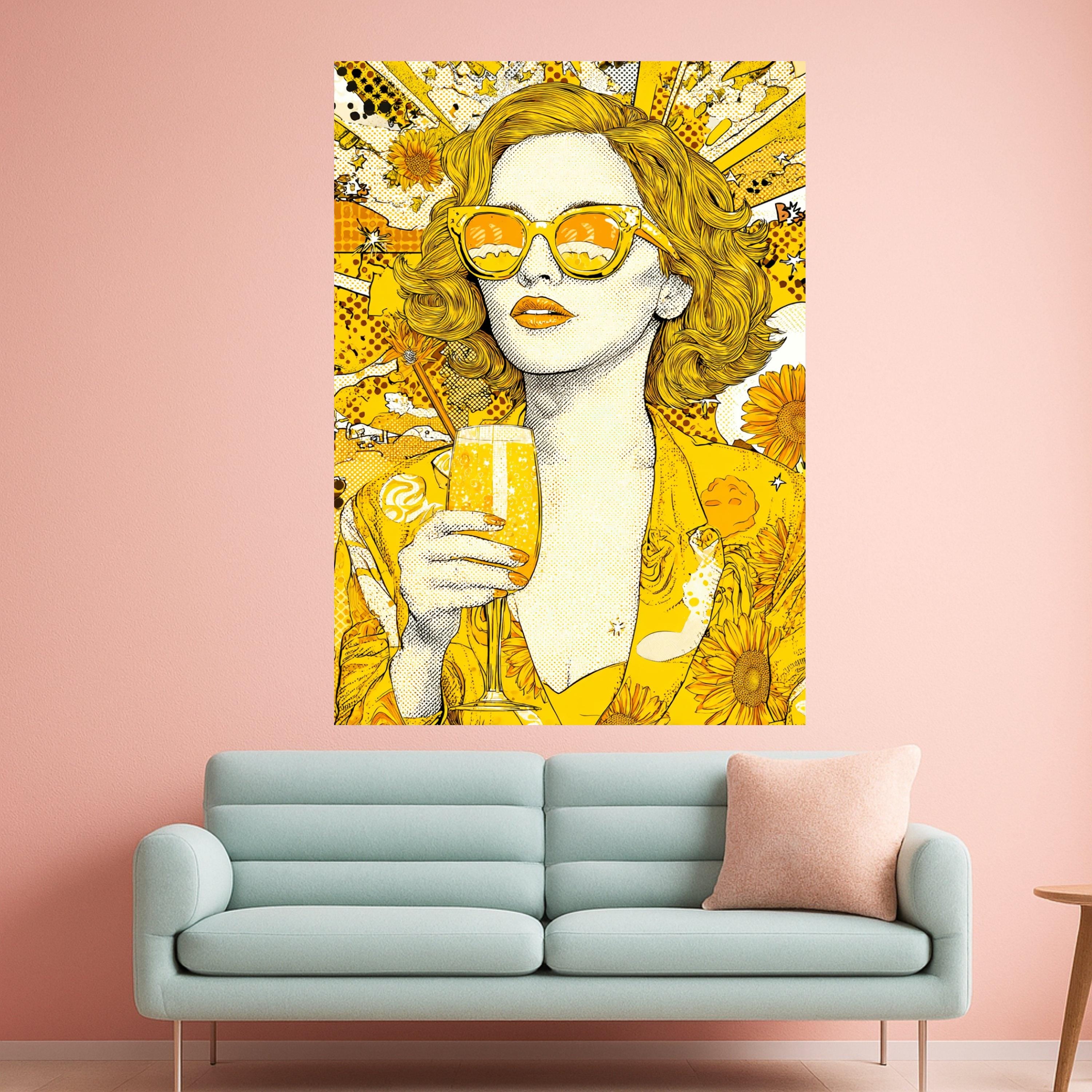 Vibrant Yellow Pop Art Woman Canvas, Retro Sunglasses Wall Art, Sunflower Theme Canvas, Bright Modern Home Decor, Fashion Ready To Hang,