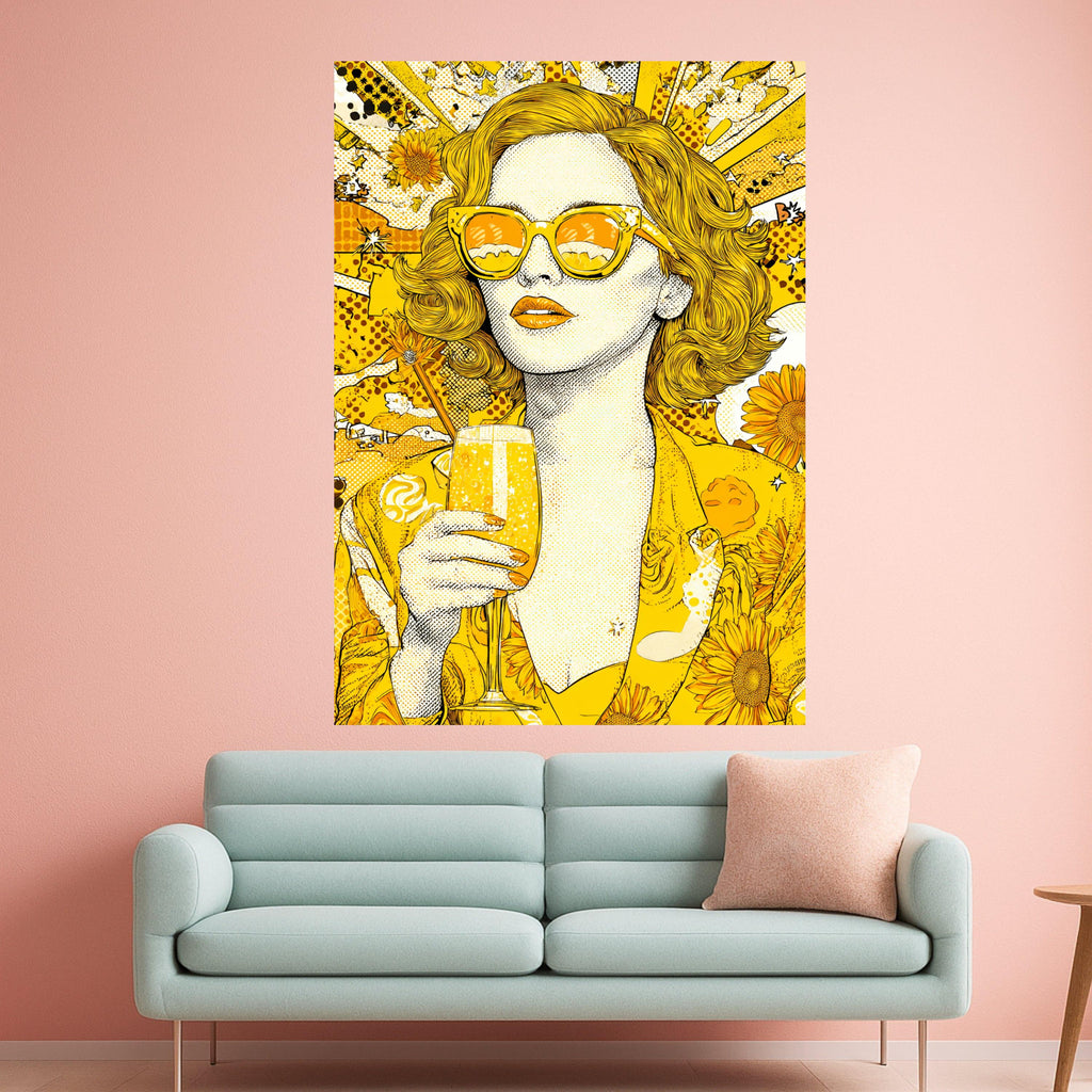 Vibrant Yellow Pop Art Woman Canvas, Retro Sunglasses Wall Art, Sunflower Theme Canvas, Bright Modern Home Decor, Fashion Ready To Hang,