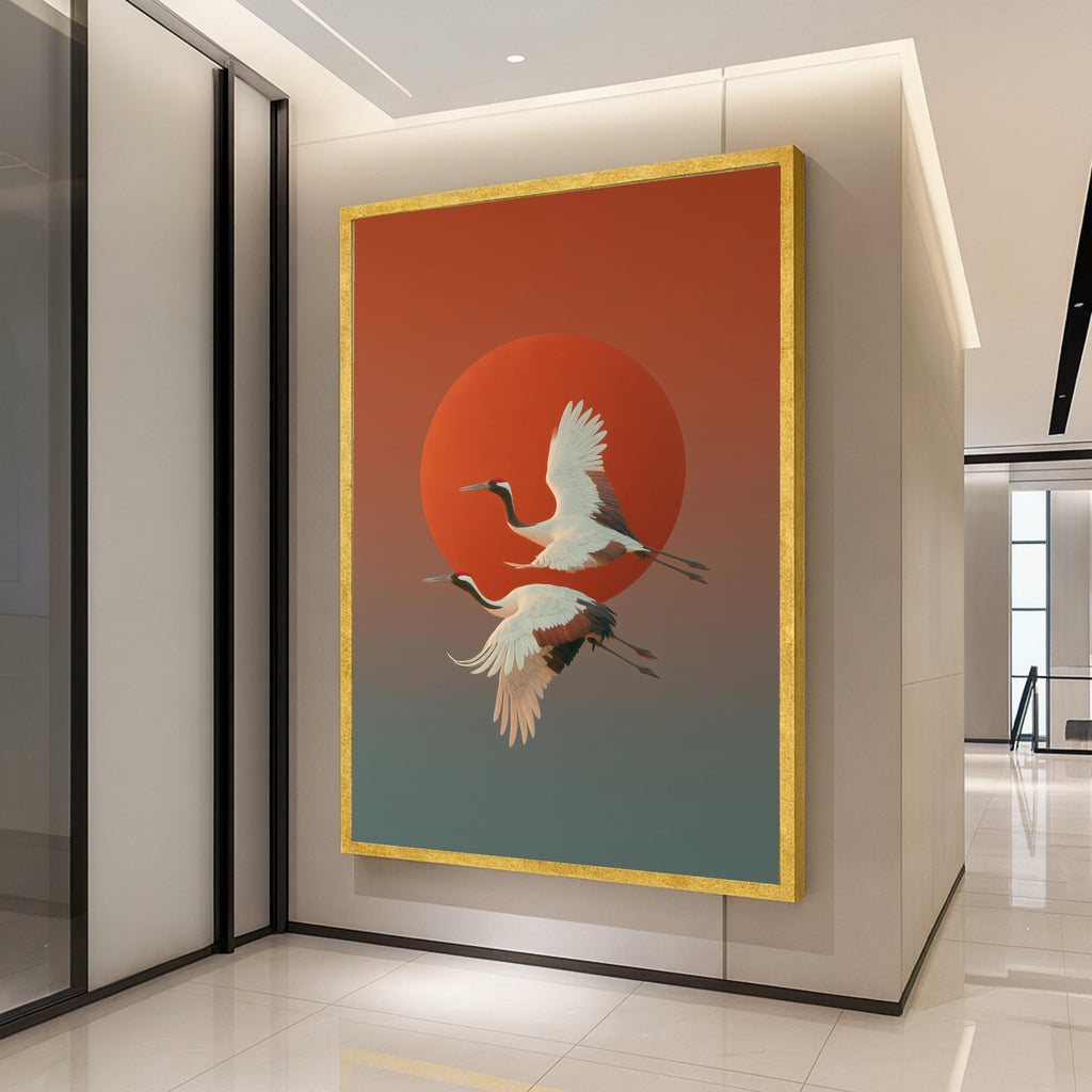 Elegant Red-Crowned Cranes Flying Canvas, Japanese Sunset Wall Art, Nature Bird Canvas, Asian Wildlife Decoration, Modern Ready To Hang,