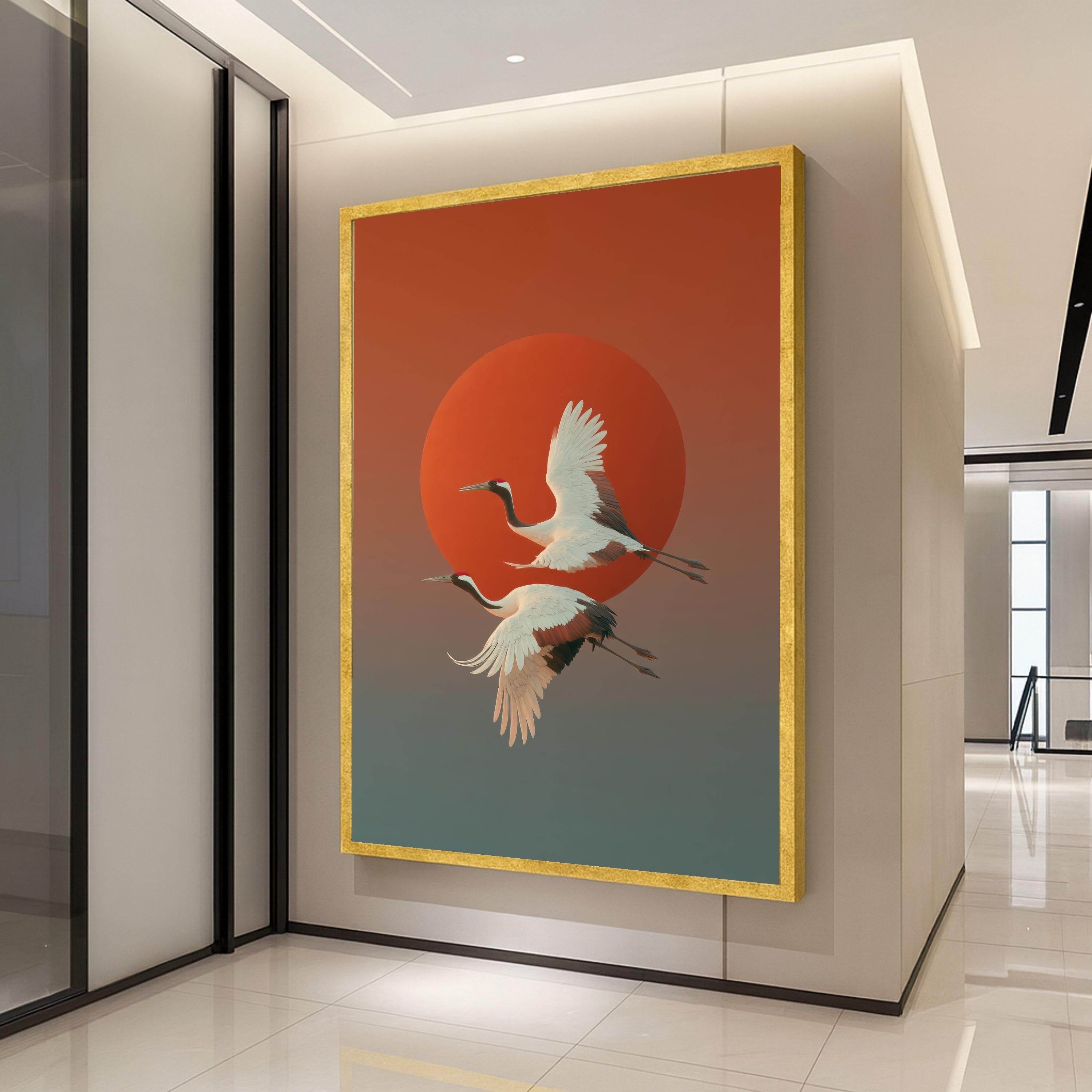 Elegant Red-Crowned Cranes Flying Canvas, Japanese Sunset Wall Art, Nature Bird Canvas, Asian Wildlife Decoration, Modern Ready To Hang,