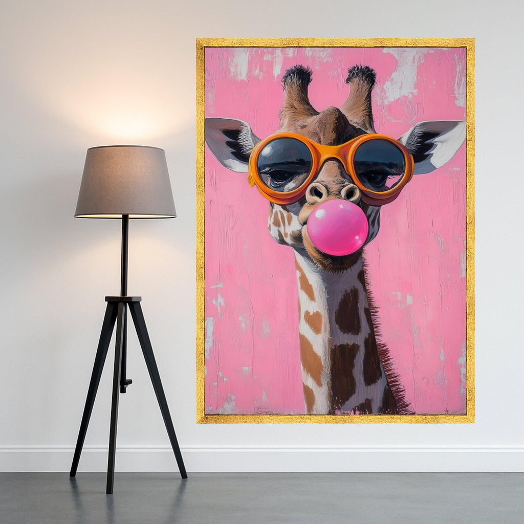 Playful Giraffe with Bubblegum Pink Pop Art Canvas, Funny Animal Wall Decor, Quirky Kids Room Canvas Art, Modern Home Ready To Hang,