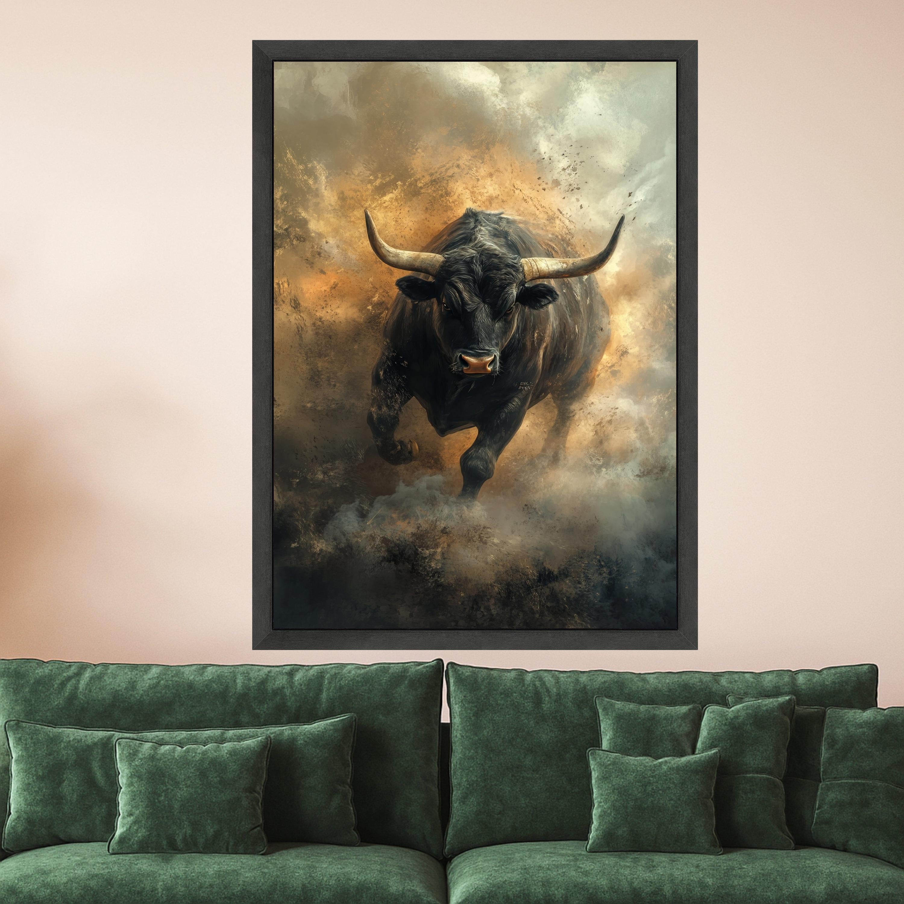 Fierce Black Bull Canvas Wall Art, Powerful Bull Print, Dust Storm Bull Decor, Rustic Farmhouse Canvas, Bold Ready To Hang,