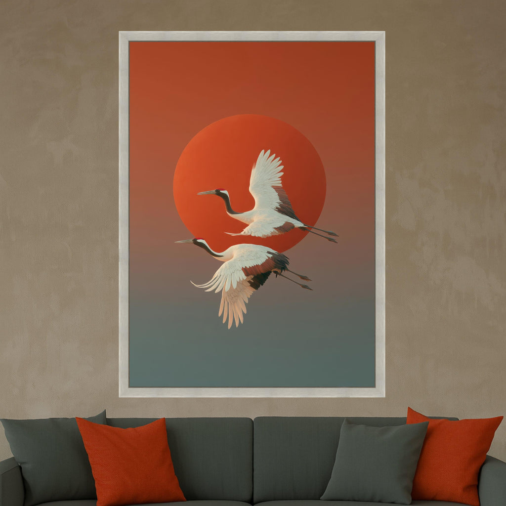 Elegant Red-Crowned Cranes Flying Canvas, Japanese Sunset Wall Art, Nature Bird Canvas, Asian Wildlife Decoration, Modern Ready To Hang,