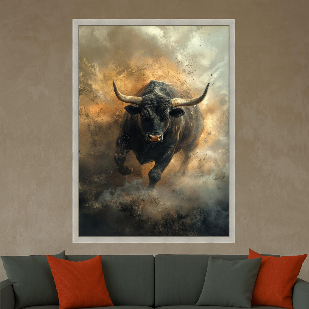 Fierce Black Bull Canvas Wall Art, Powerful Bull Print, Dust Storm Bull Decor, Rustic Farmhouse Canvas, Bold Ready To Hang,