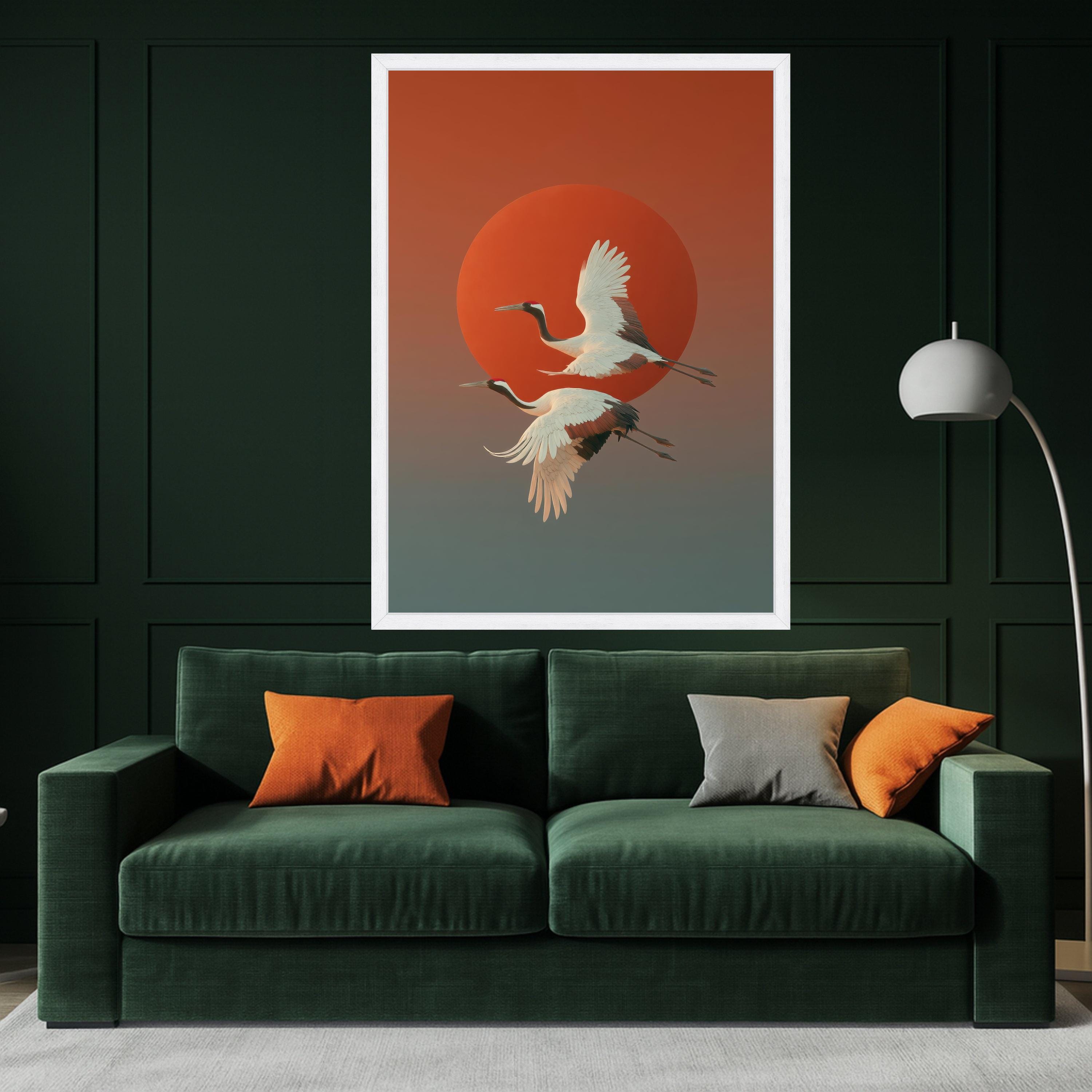 Elegant Red-Crowned Cranes Flying Canvas, Japanese Sunset Wall Art, Nature Bird Canvas, Asian Wildlife Decoration, Modern Ready To Hang,