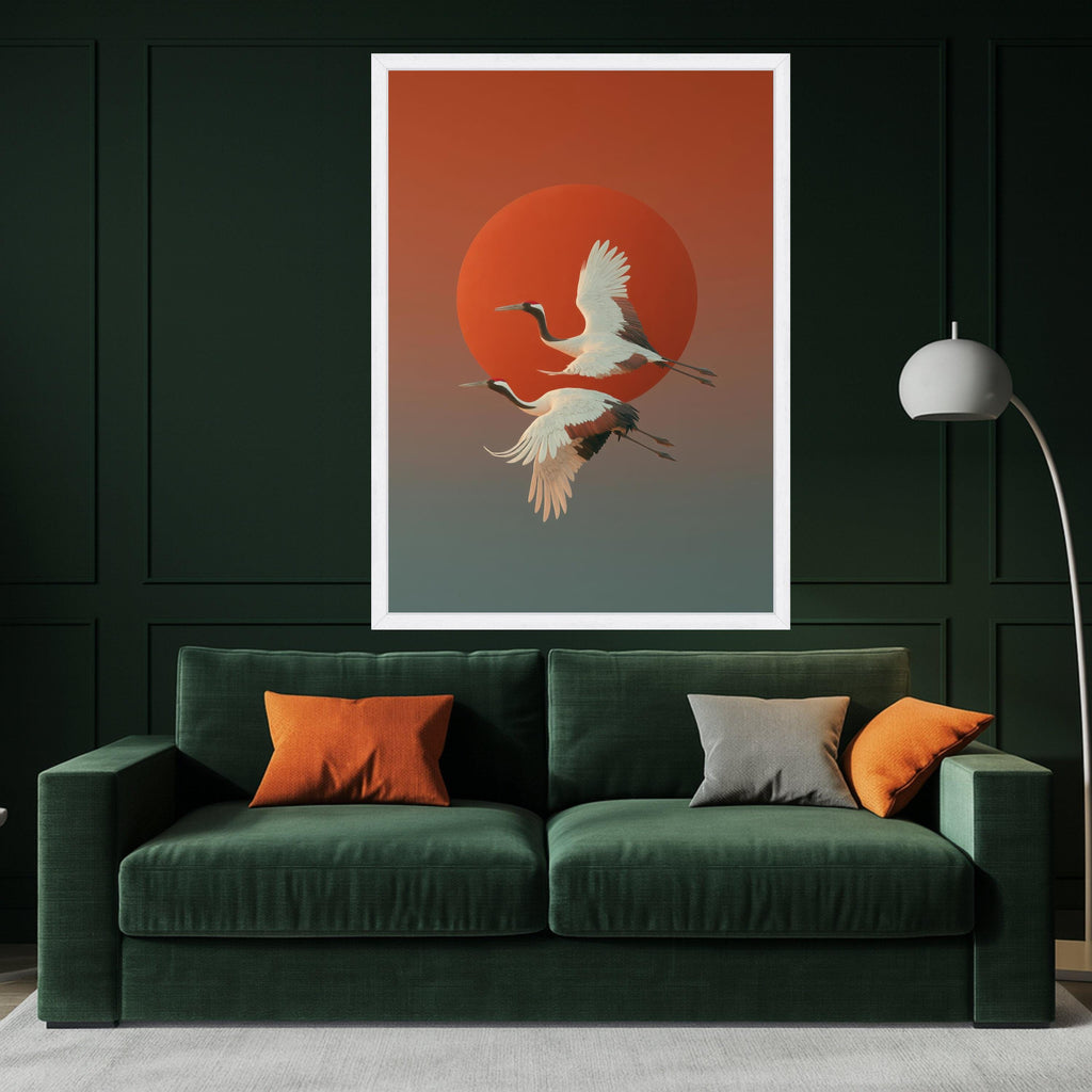 Elegant Red-Crowned Cranes Flying Canvas, Japanese Sunset Wall Art, Nature Bird Canvas, Asian Wildlife Decoration, Modern Ready To Hang,