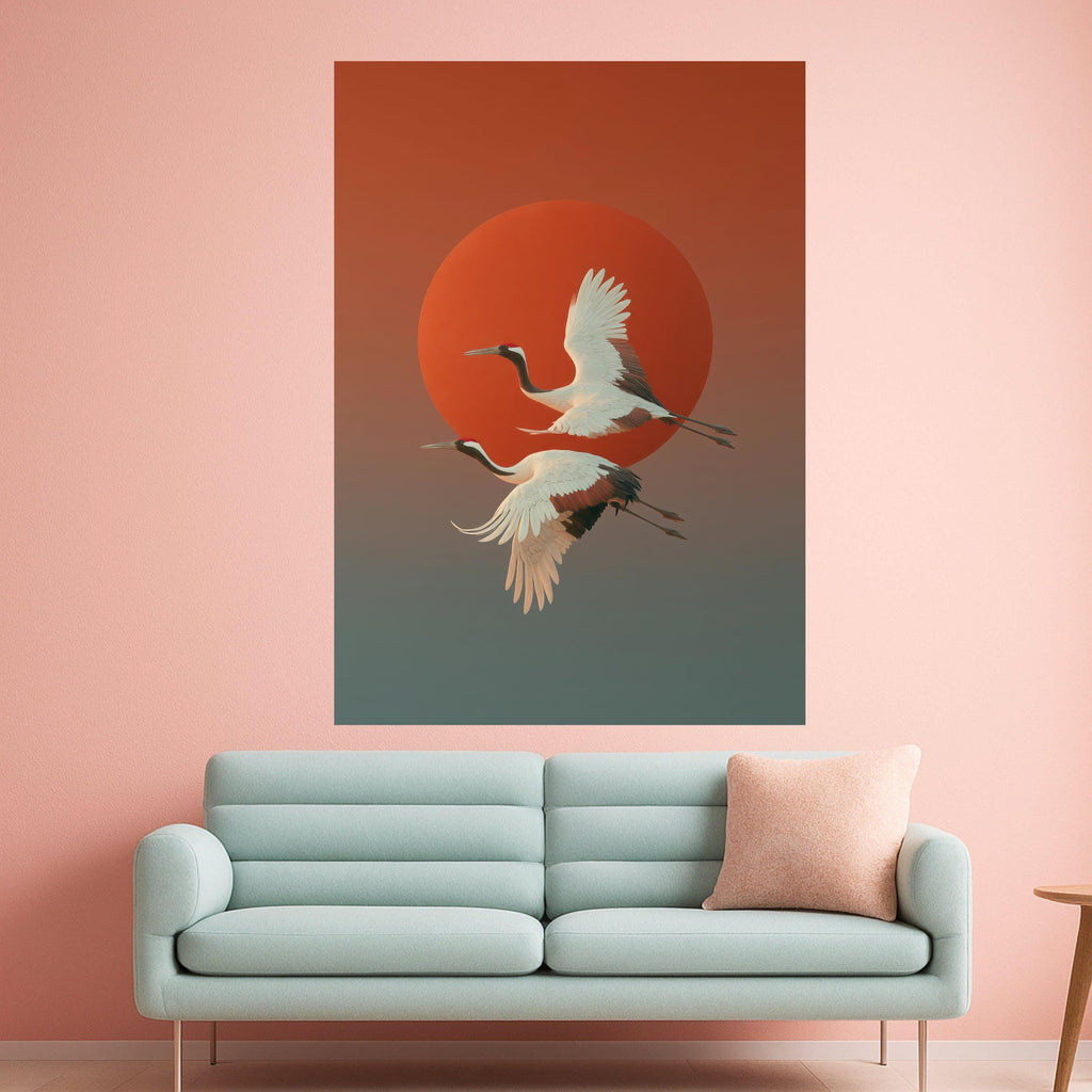 Elegant Red-Crowned Cranes Flying Canvas, Japanese Sunset Wall Art, Nature Bird Canvas, Asian Wildlife Decoration, Modern Ready To Hang,
