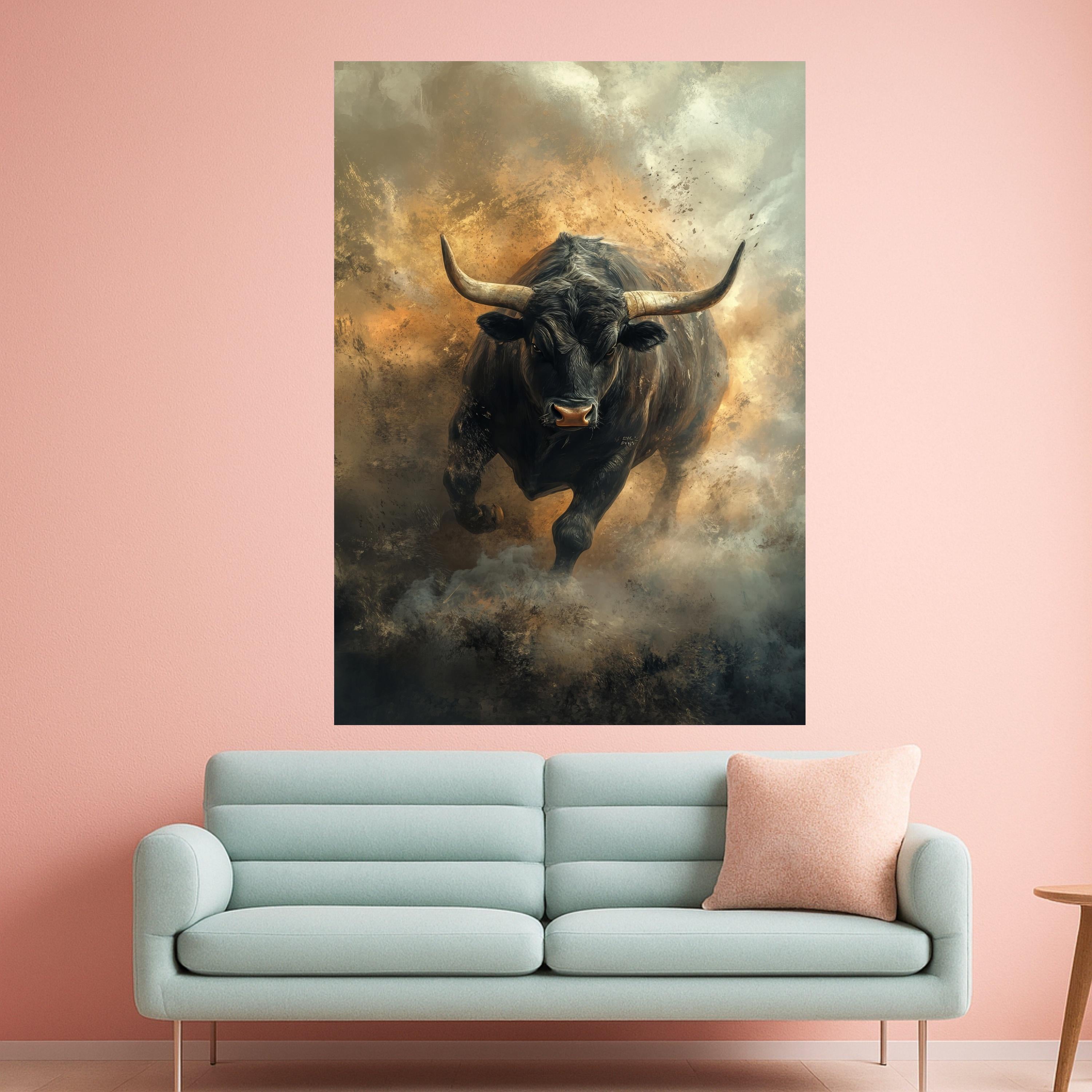 Fierce Black Bull Canvas Wall Art, Powerful Bull Print, Dust Storm Bull Decor, Rustic Farmhouse Canvas, Bold Ready To Hang,