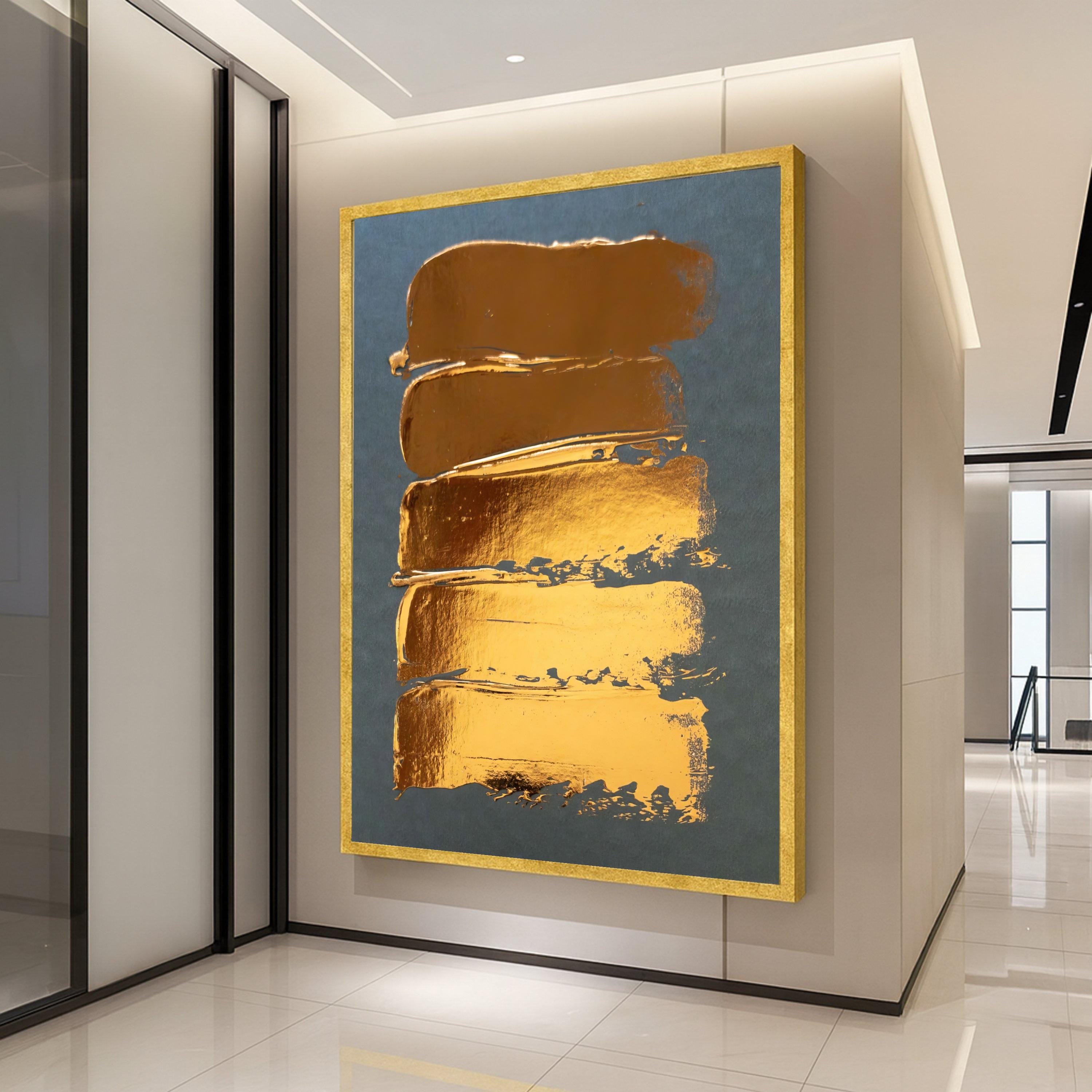 Modern Gold Brush Strokes Canvas, Abstract Metallic Wall Art, Gold Design, Contemporary Canvas Decoration, Minimalist Home Ready To Hang,