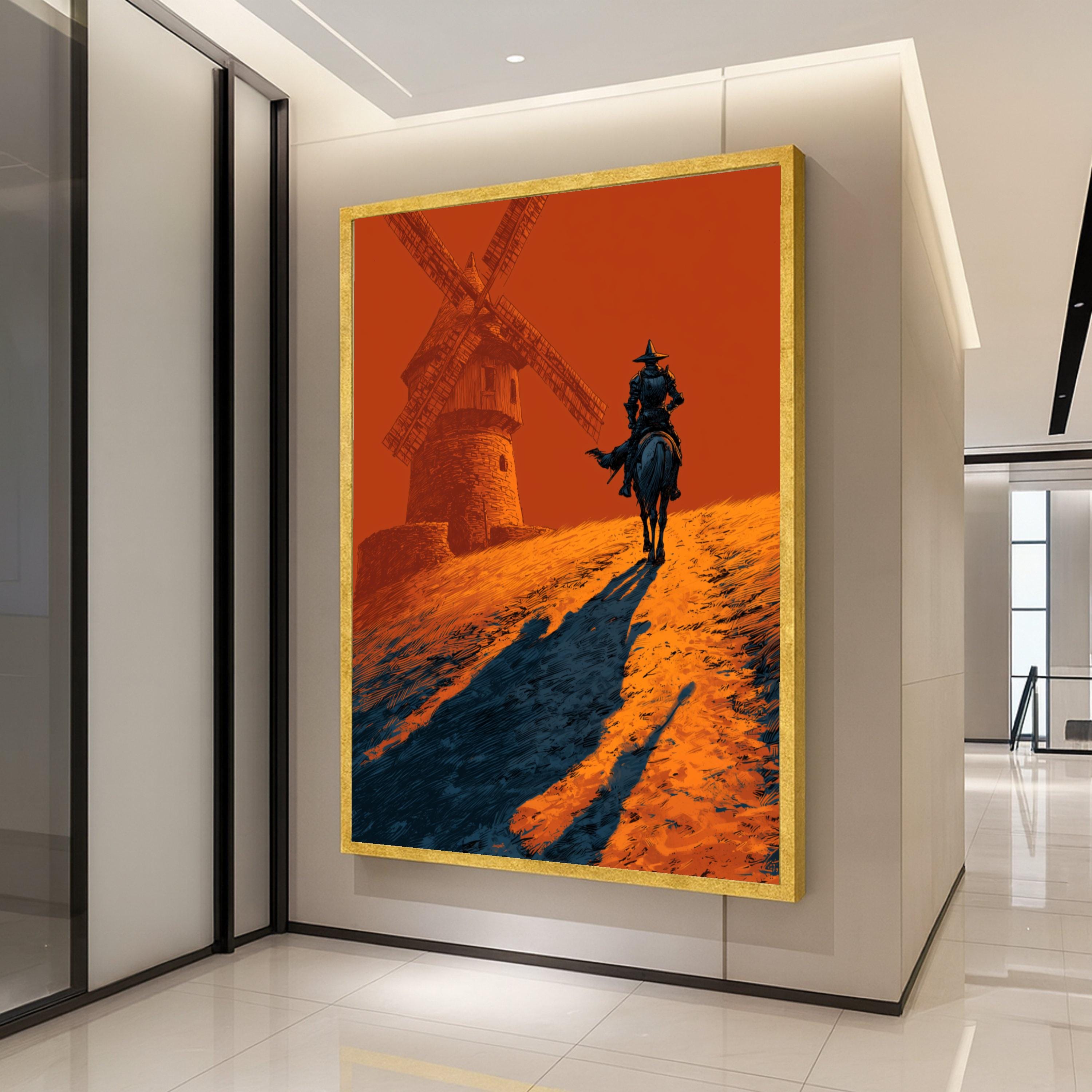 Don Quixote Canvas Print – Lone Rider Wall Art, Bold Windmill Scene, Dramatic Wall Decor, Ready to Hang Spanish-Inspired Artwork