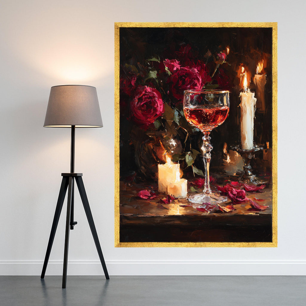 Romantic Wine Canvas Print – Candlelight Still Life Wall Art, Rose Floral Wall Decor, Ready to Hang Elegant Dining Room Accent
