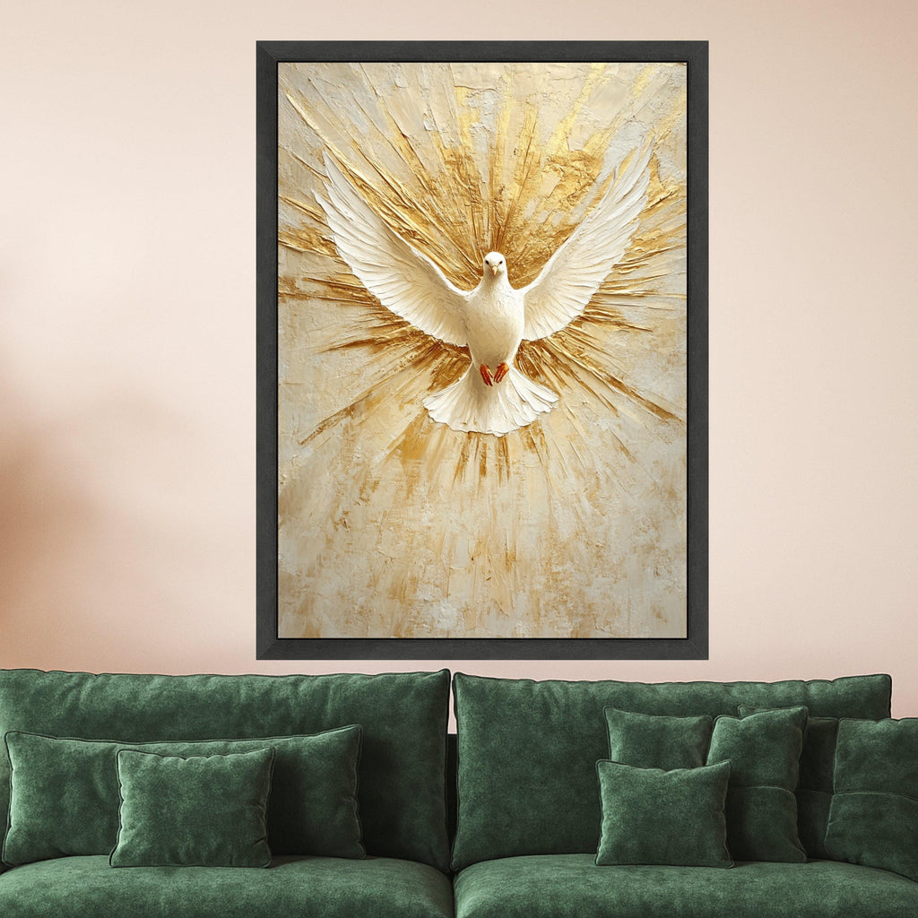 White Dove Canvas Print – Spiritual Wall Art, Peaceful Wall Decor, Golden Burst Background, Christian Home Accent