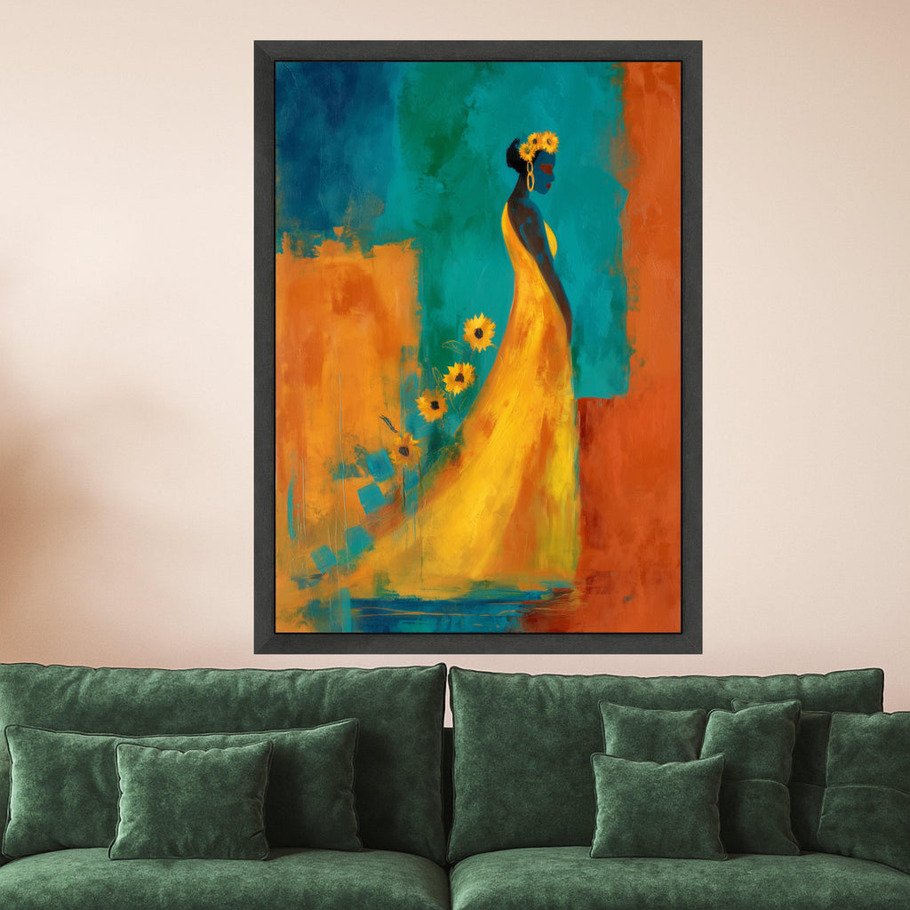 Elegant Woman Canvas Print – Colorful Abstract Wall Art, Sunflower Dress Painting, Wall Decor Ready to Hang, Modern Home Accent