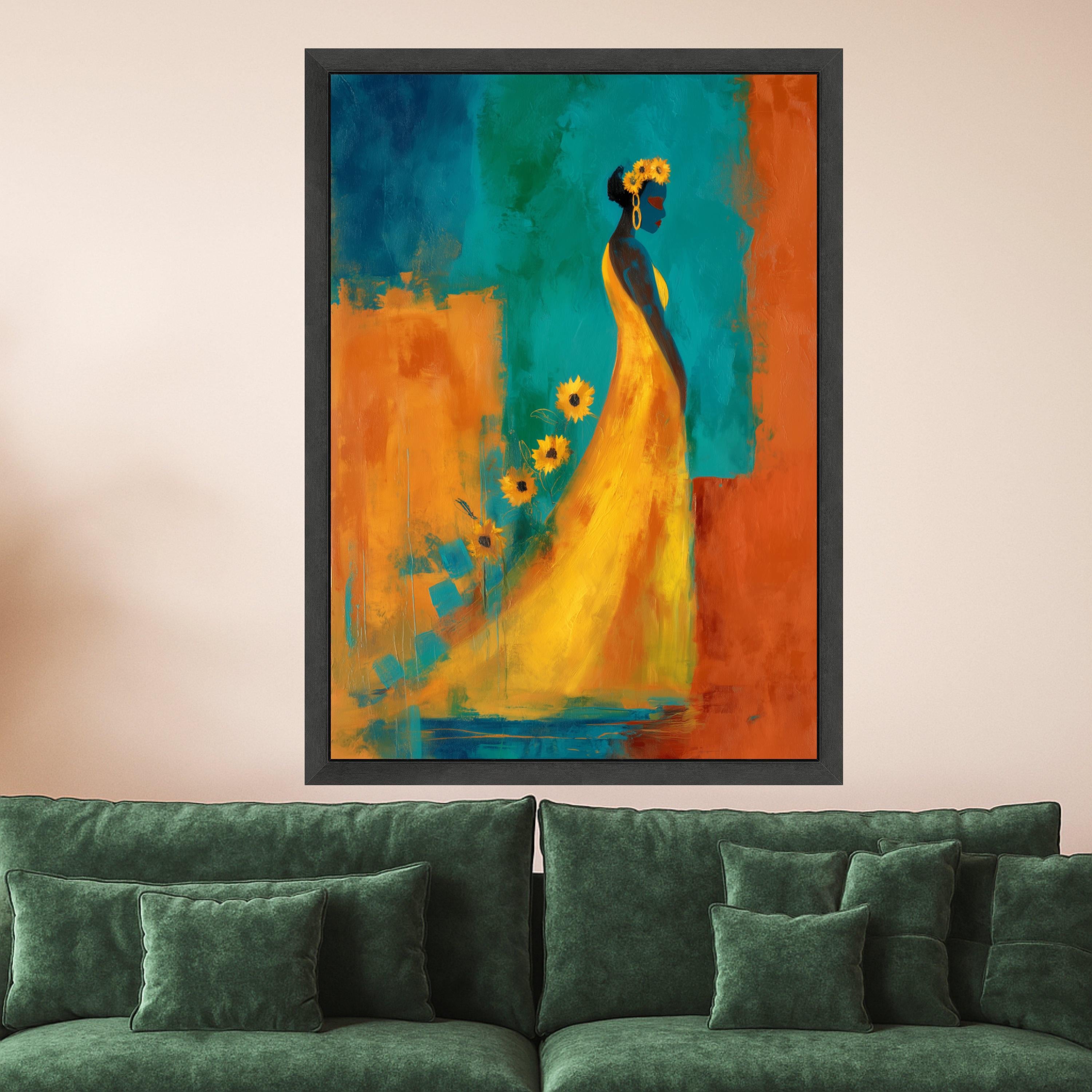 Elegant Woman Canvas Print – Colorful Abstract Wall Art, Sunflower Dress Painting, Wall Decor Ready to Hang, Modern Home Accent