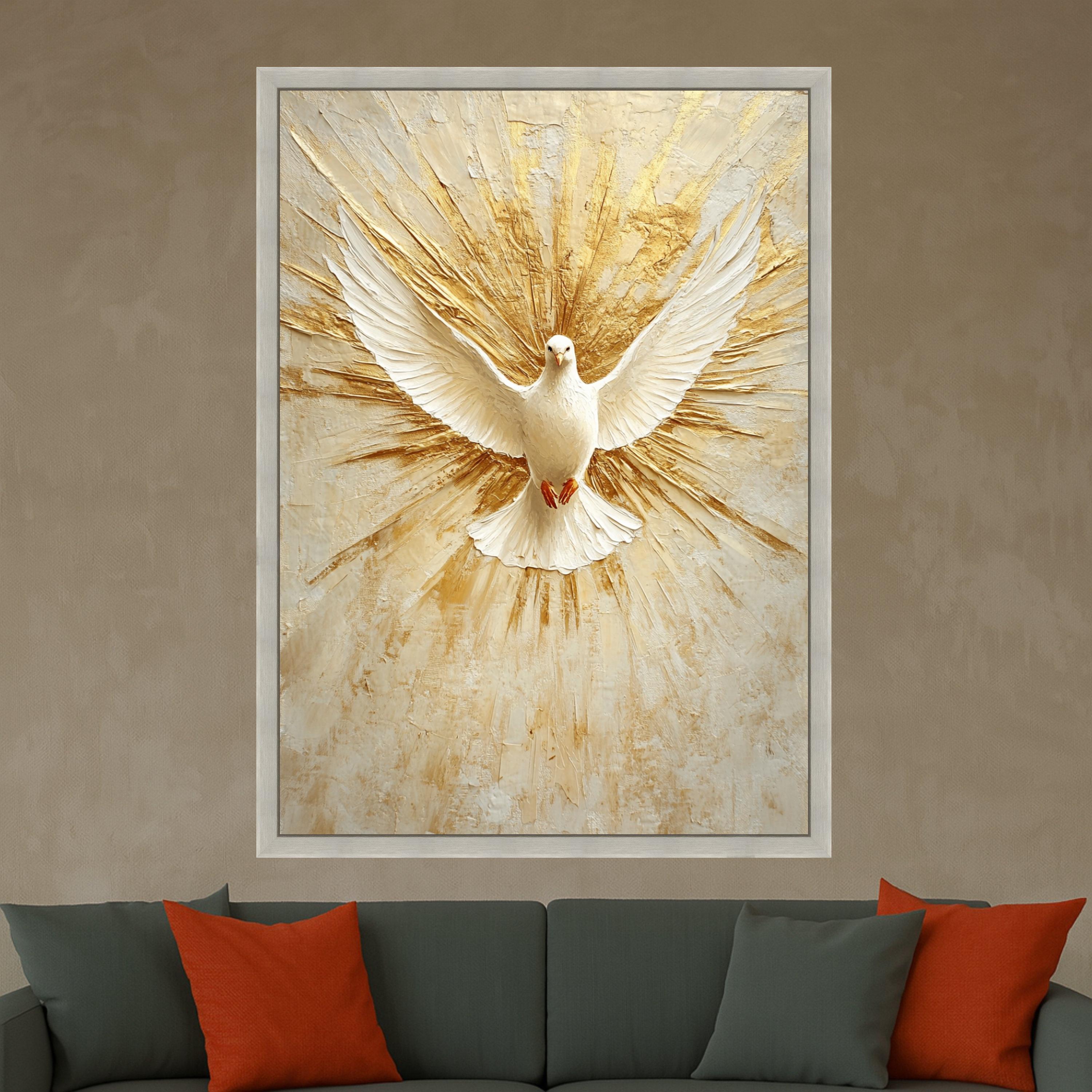White Dove Canvas Print – Spiritual Wall Art, Peaceful Wall Decor, Golden Burst Background, Christian Home Accent
