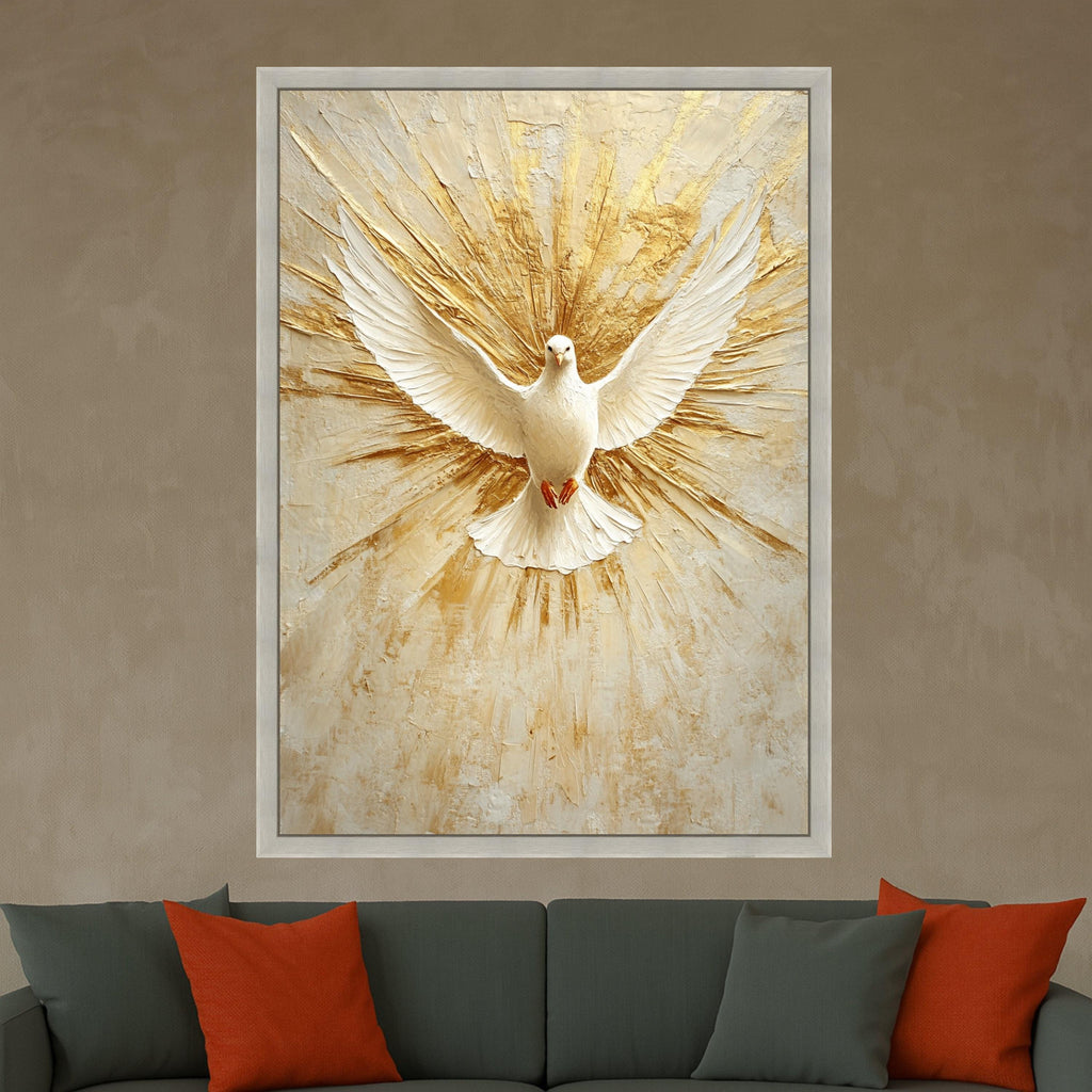 White Dove Canvas Print – Spiritual Wall Art, Peaceful Wall Decor, Golden Burst Background, Christian Home Accent