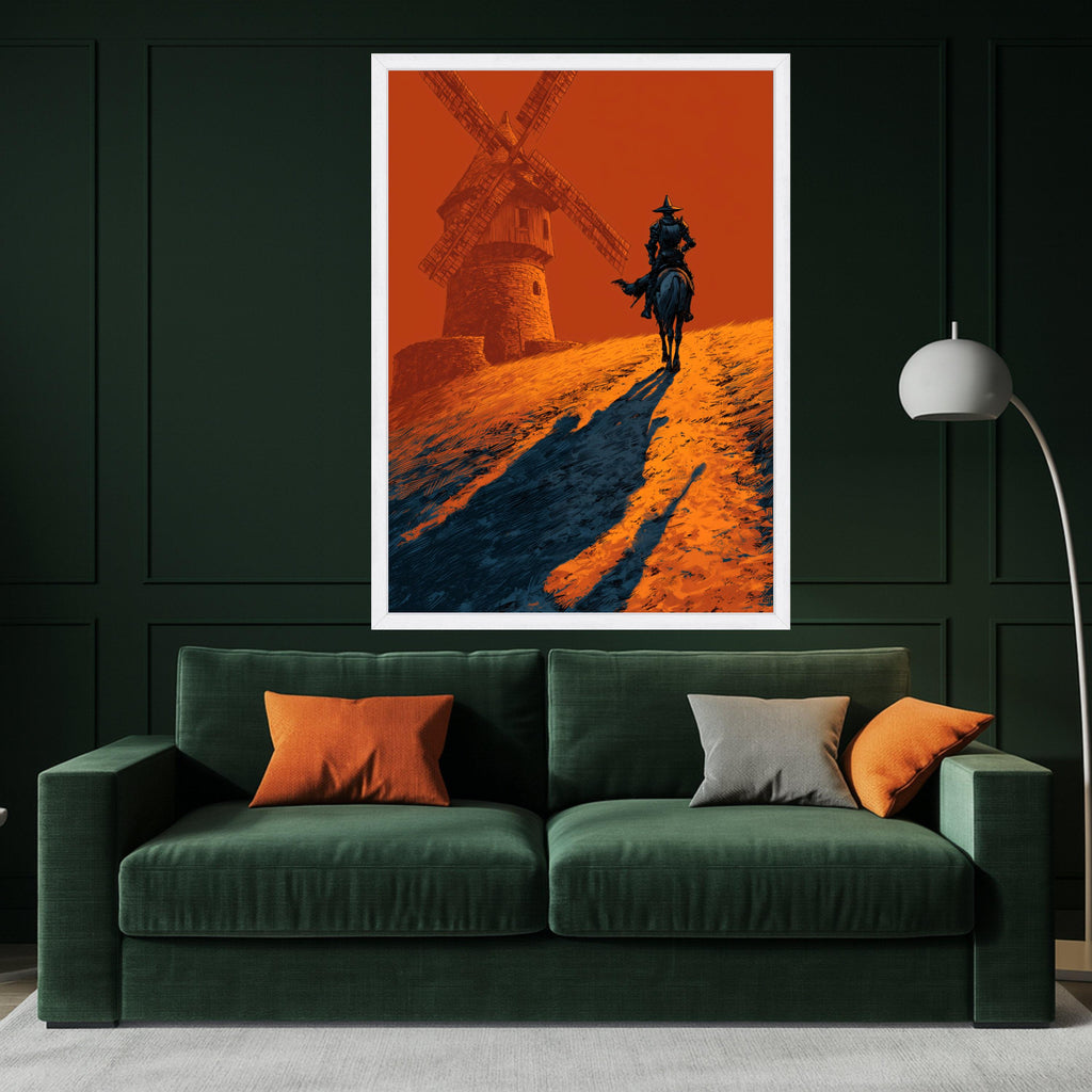Don Quixote Canvas Print – Lone Rider Wall Art, Bold Windmill Scene, Dramatic Wall Decor, Ready to Hang Spanish-Inspired Artwork