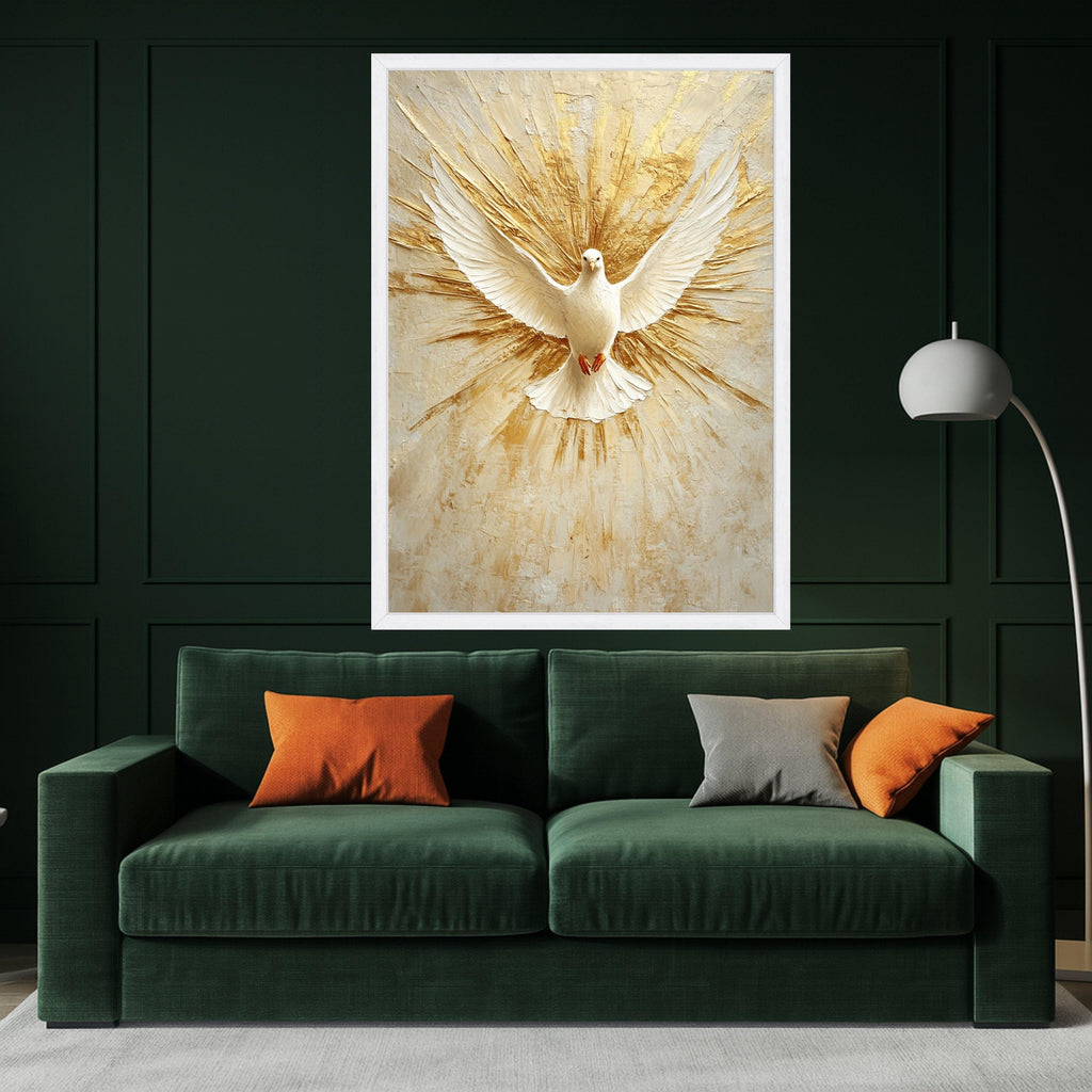 White Dove Canvas Print – Spiritual Wall Art, Peaceful Wall Decor, Golden Burst Background, Christian Home Accent