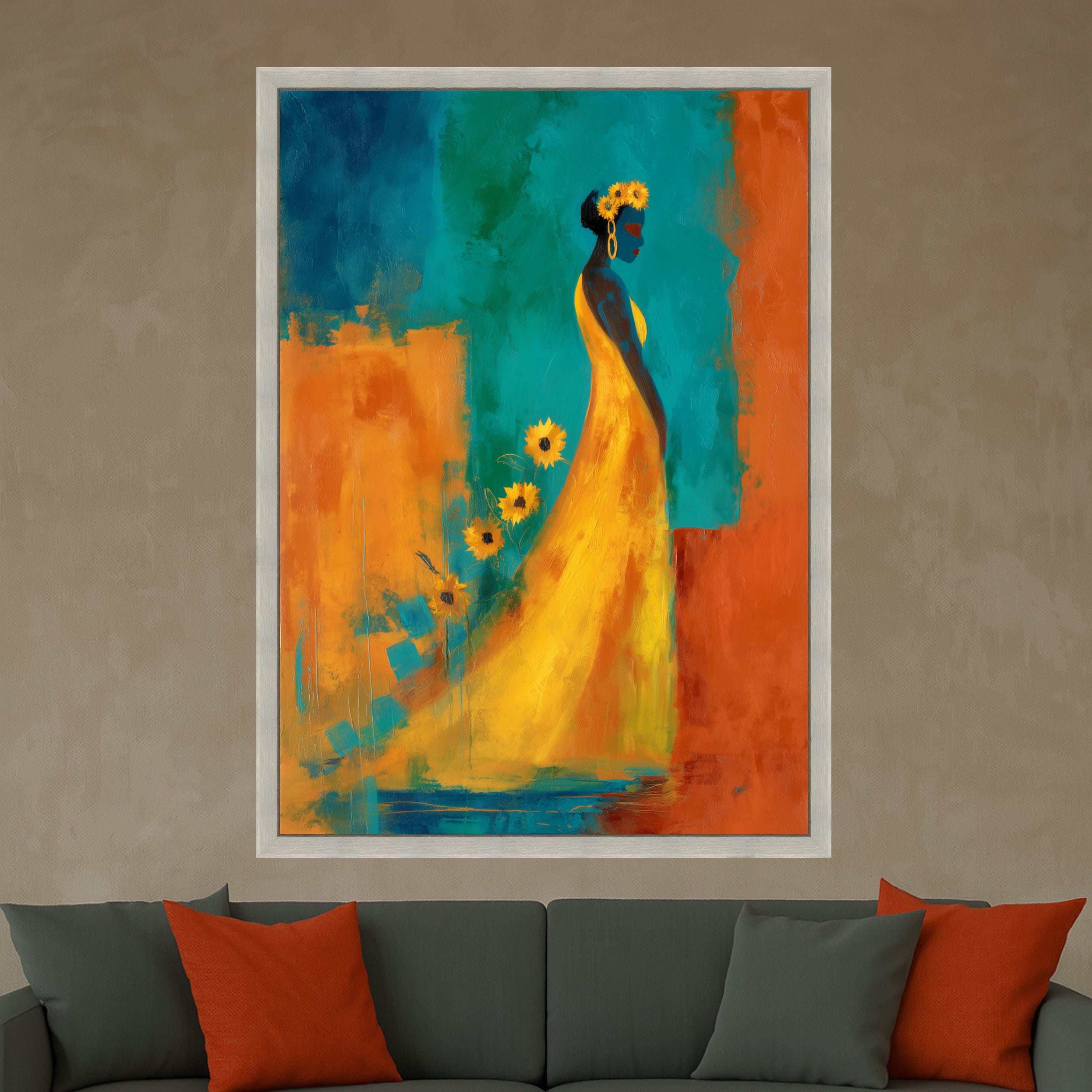 Elegant Woman Canvas Print – Colorful Abstract Wall Art, Sunflower Dress Painting, Wall Decor Ready to Hang, Modern Home Accent