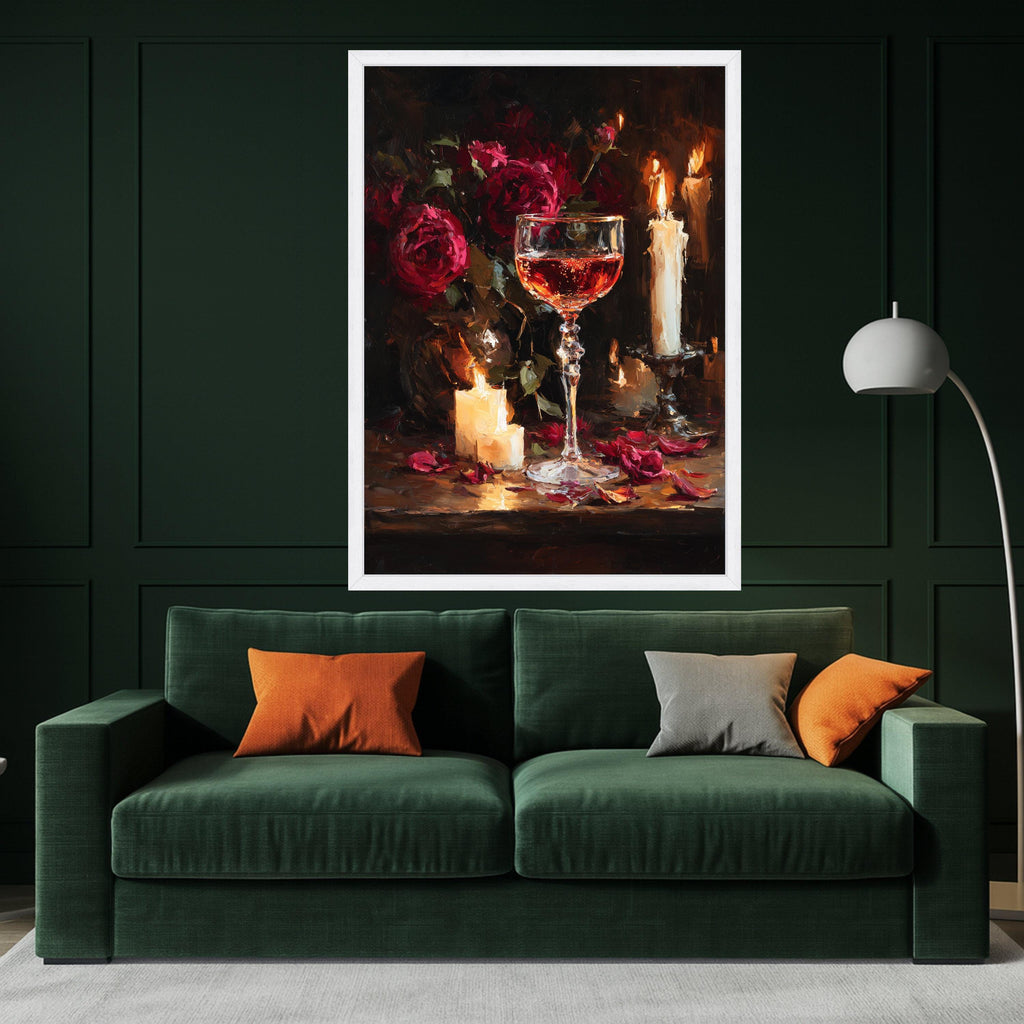 Romantic Wine Canvas Print – Candlelight Still Life Wall Art, Rose Floral Wall Decor, Ready to Hang Elegant Dining Room Accent