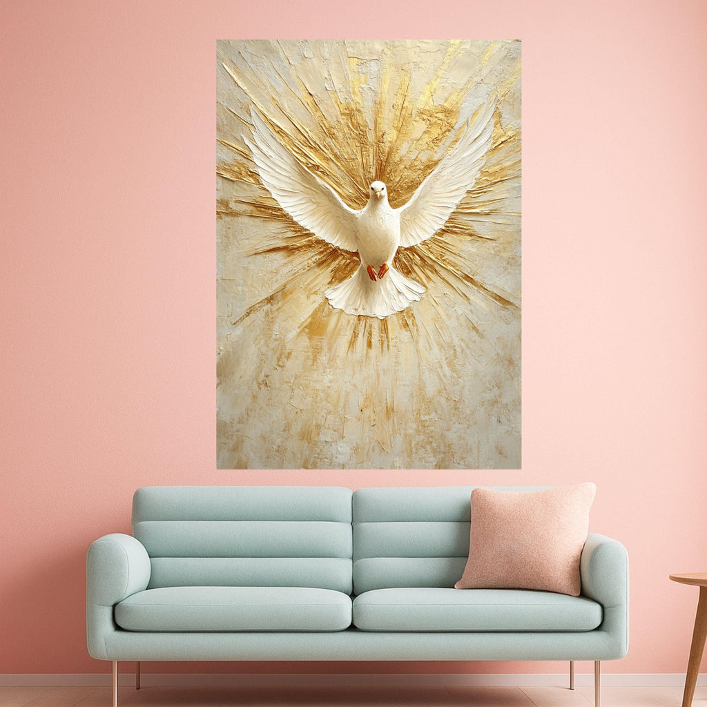 White Dove Canvas Print – Spiritual Wall Art, Peaceful Wall Decor, Golden Burst Background, Christian Home Accent