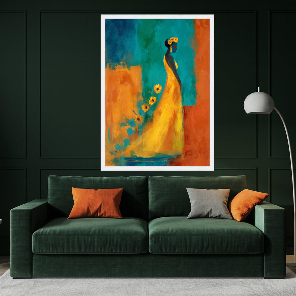Elegant Woman Canvas Print – Colorful Abstract Wall Art, Sunflower Dress Painting, Wall Decor Ready to Hang, Modern Home Accent