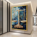 Golden Justice Scales Canvas Wall Art, Abstract Blue Background, Legal Symbol Decor, Palette Knife Painting, Modern Home Ready To Hang,