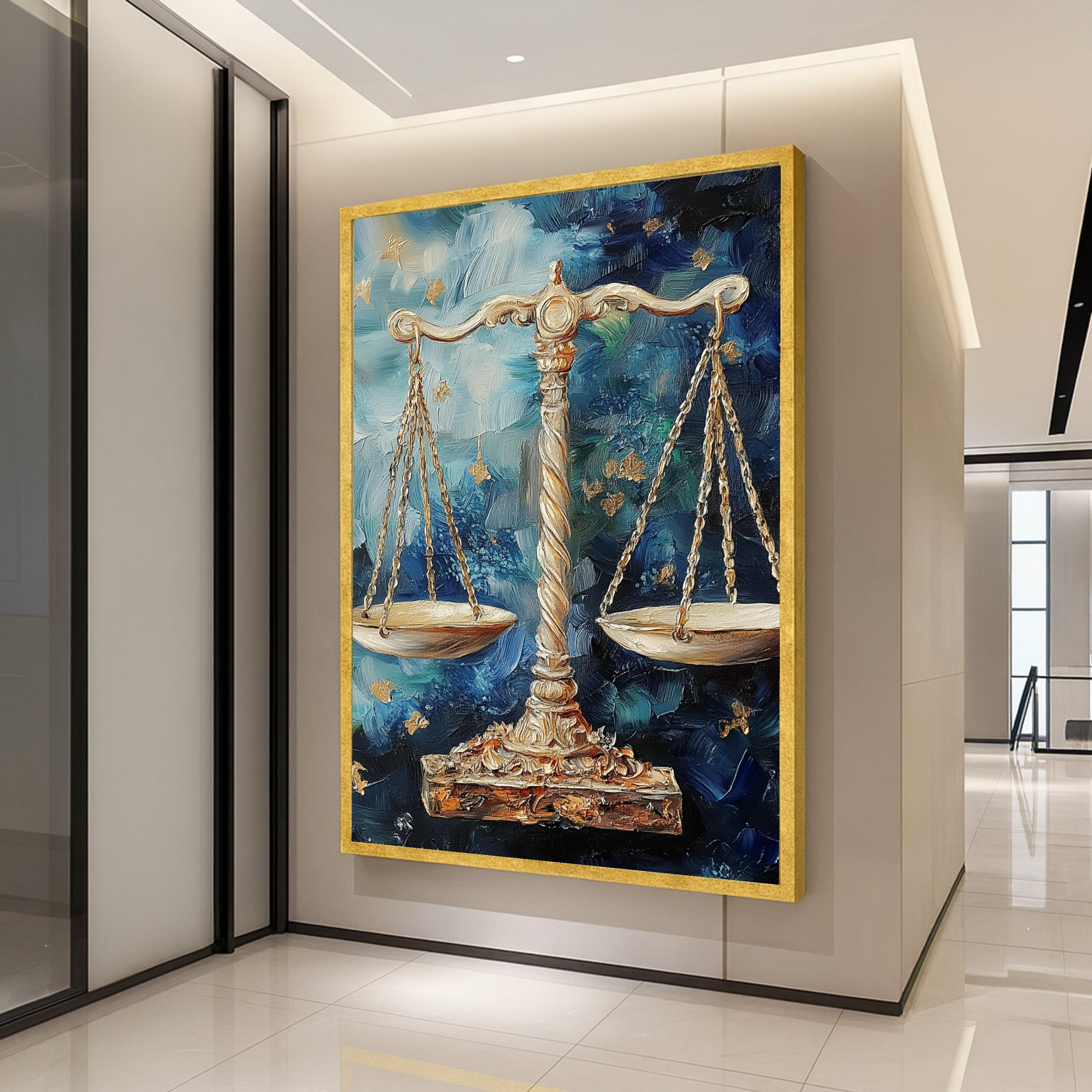 Golden Justice Scales Canvas Wall Art, Abstract Blue Background, Legal Symbol Decor, Palette Knife Painting, Modern Home Ready To Hang,