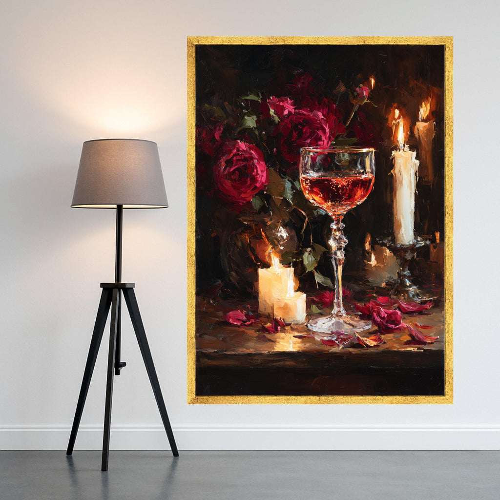 Romantic Candlelight Still Life Canvas Print – Wine Wall Art, Wall Decor, Ready to Hang Floral Wall Decoration