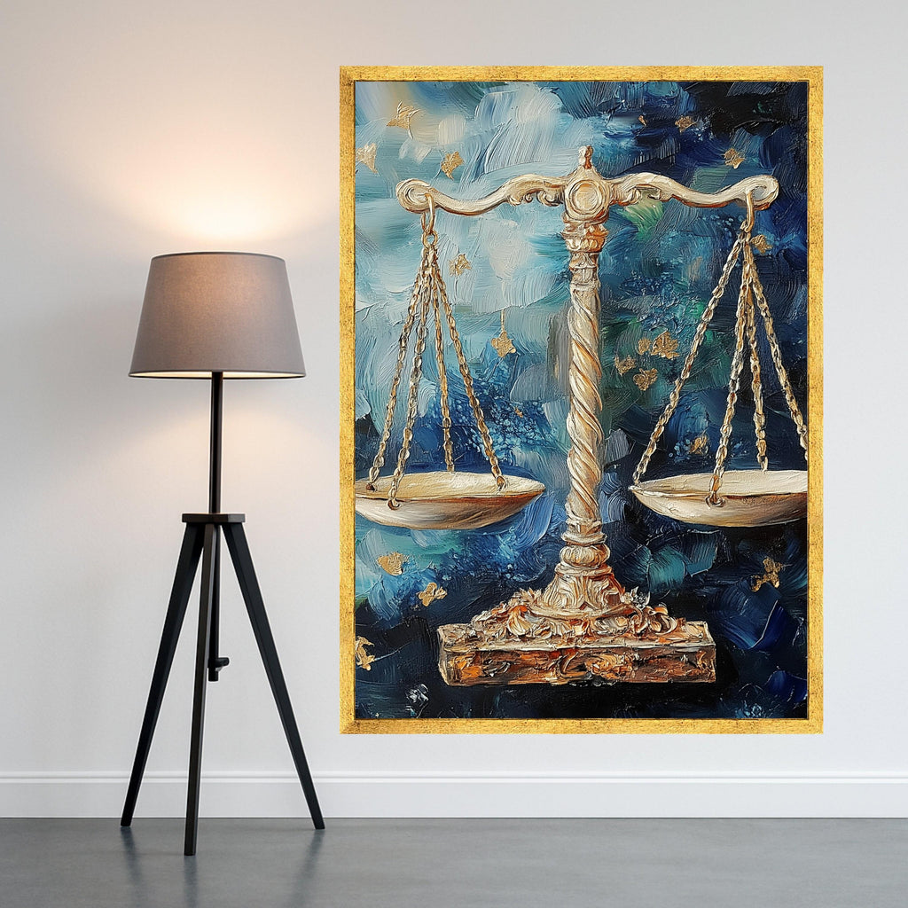 Golden Justice Scales Canvas Wall Art, Abstract Blue Background, Legal Symbol Decor, Palette Knife Painting, Modern Home Ready To Hang,