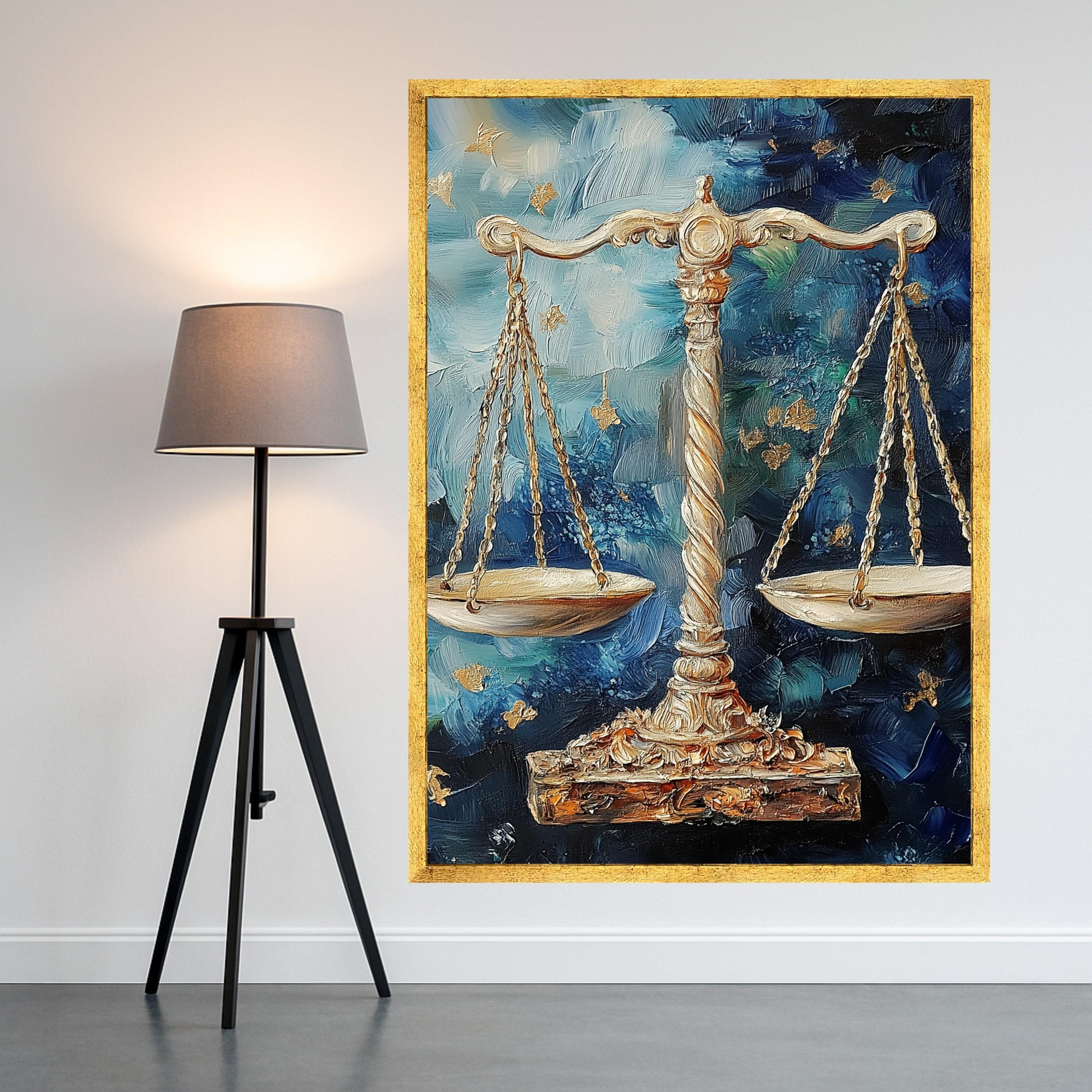 Golden Justice Scales Canvas Wall Art, Abstract Blue Background, Legal Symbol Decor, Palette Knife Painting, Modern Home Ready To Hang,