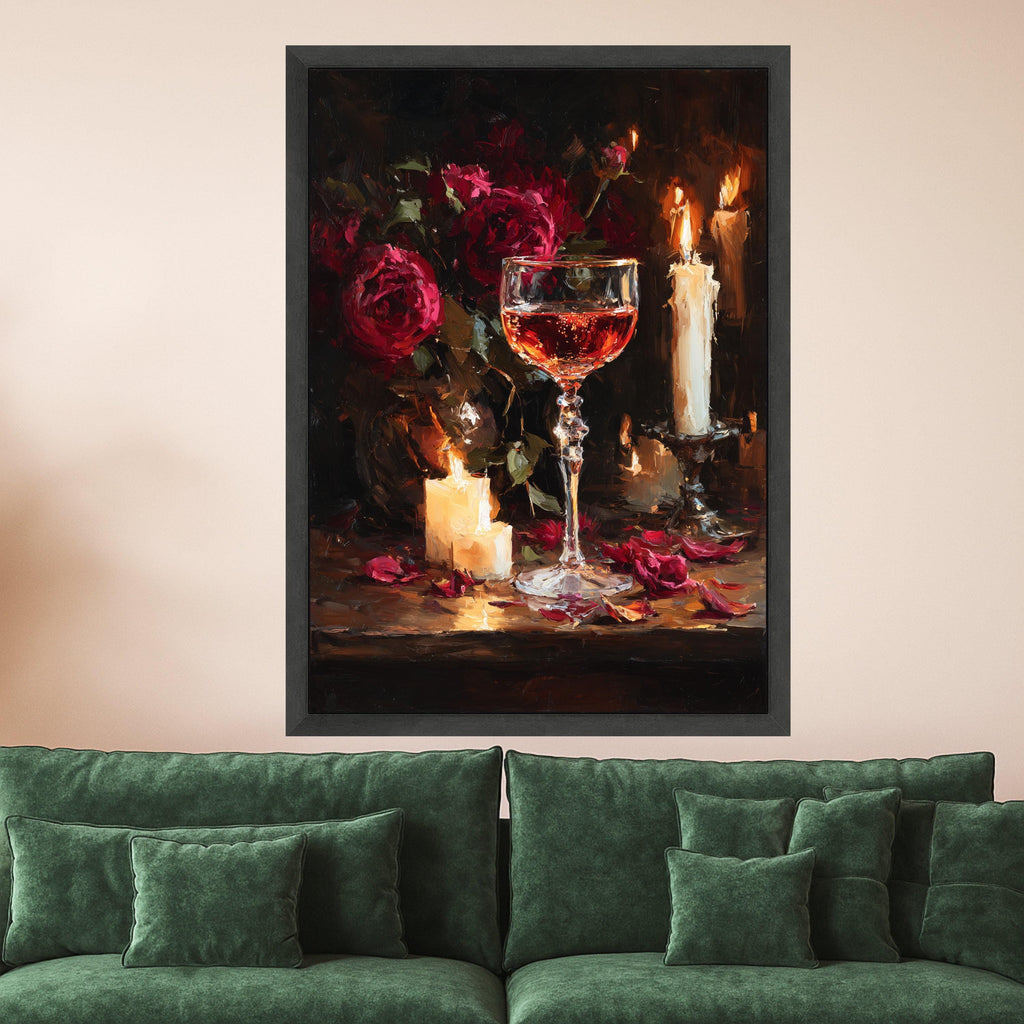 Romantic Candlelight Still Life Canvas Print – Wine Wall Art, Wall Decor, Ready to Hang Floral Wall Decoration