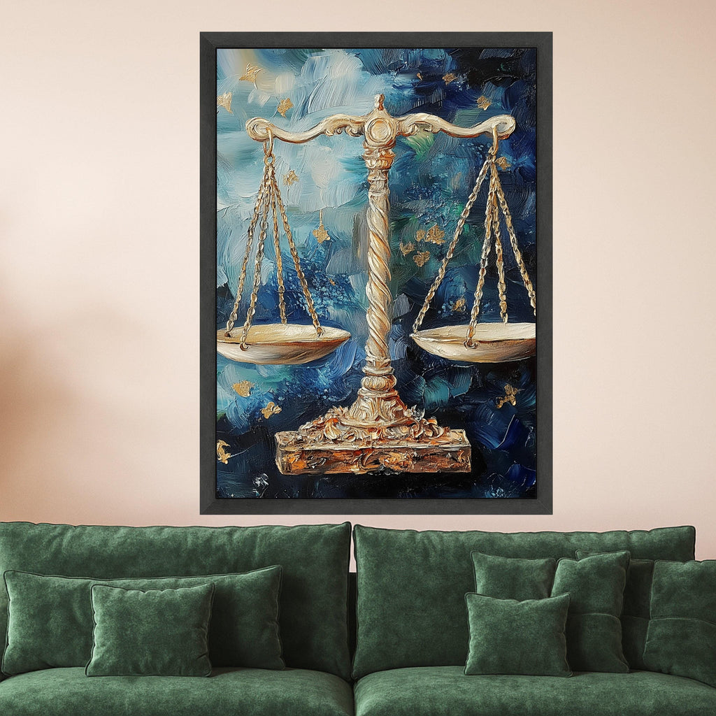 Golden Justice Scales Canvas Wall Art, Abstract Blue Background, Legal Symbol Decor, Palette Knife Painting, Modern Home Ready To Hang,
