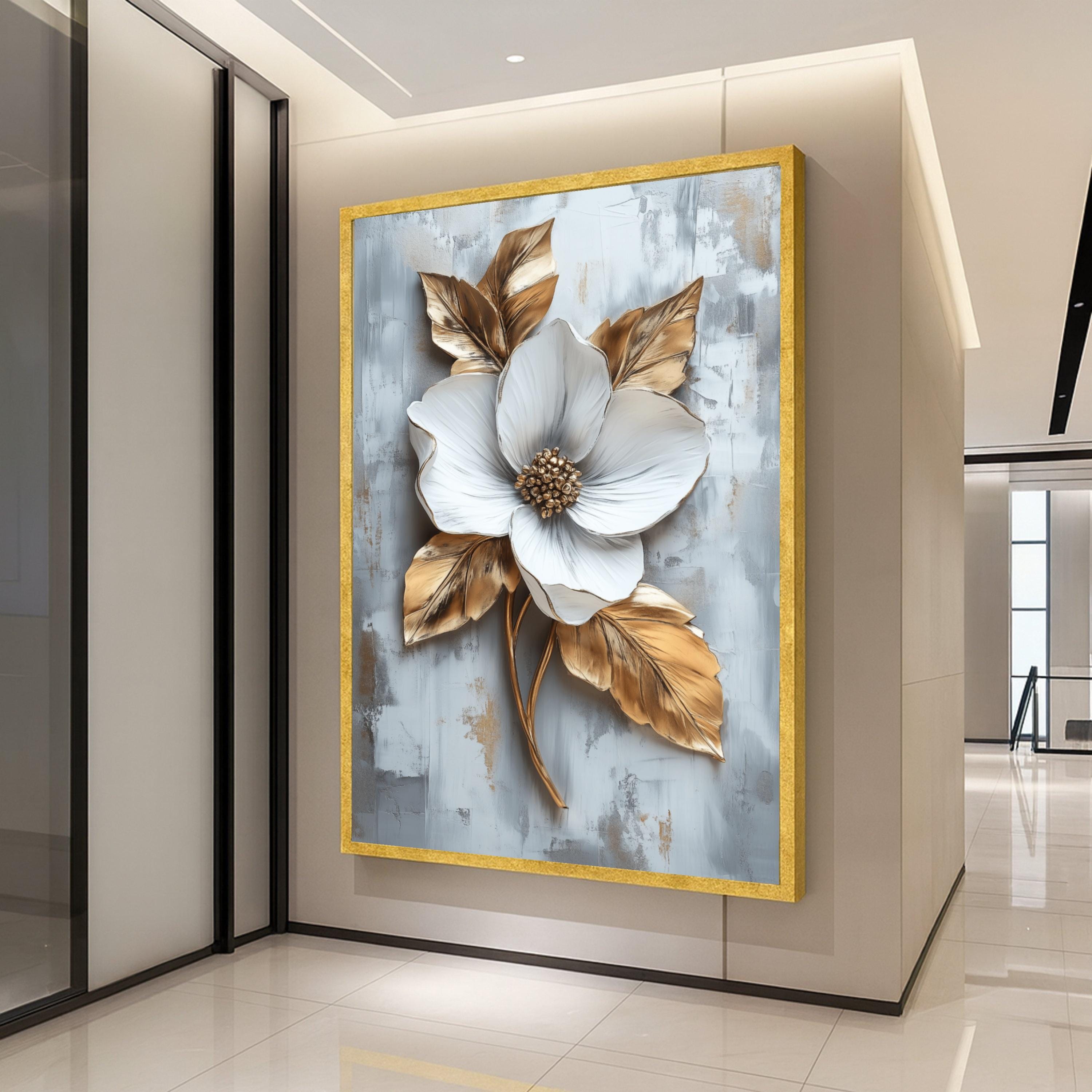 Elegant White Flower Canvas Wall Art, Gold Leaf Botanical Canvas, Modern Floral Home Decor, Nature Canvas, Ready to Hang Ready To Hang,