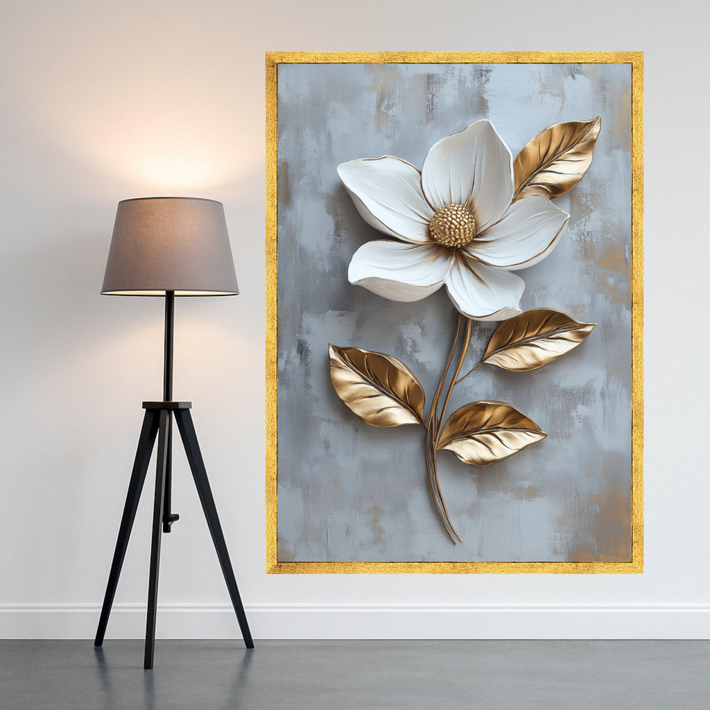 White and Gold Magnolia Canvas Print – Elegant Wall Art, Wall Decor, Ready to Hang Floral Wall Decoration