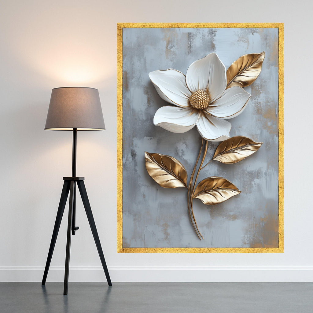 White and Gold Magnolia Canvas Print – Elegant Wall Art, Wall Decor, Ready to Hang Floral Wall Decoration