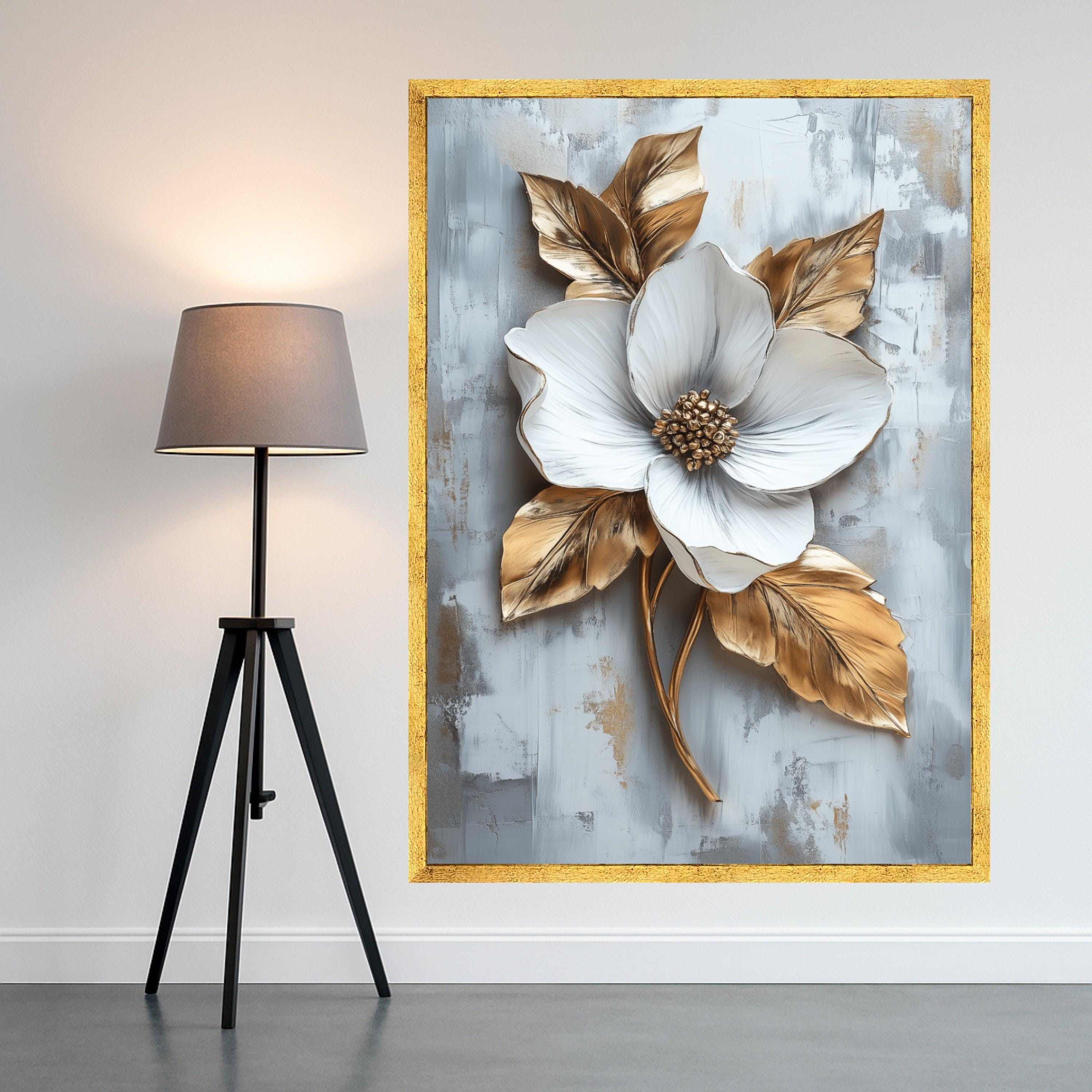 Elegant White Flower Canvas Wall Art, Gold Leaf Botanical Canvas, Modern Floral Home Decor, Nature Canvas, Ready to Hang Ready To Hang,