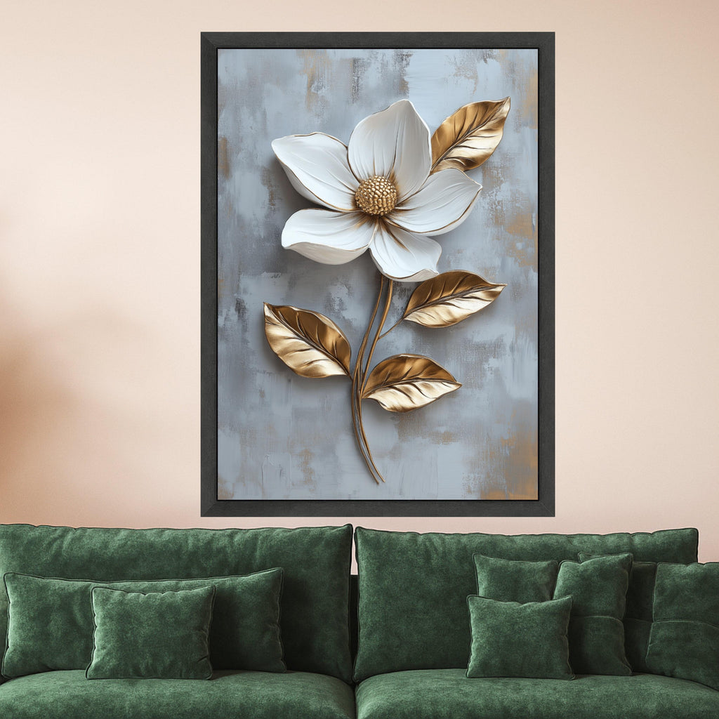 White and Gold Magnolia Canvas Print – Elegant Wall Art, Wall Decor, Ready to Hang Floral Wall Decoration