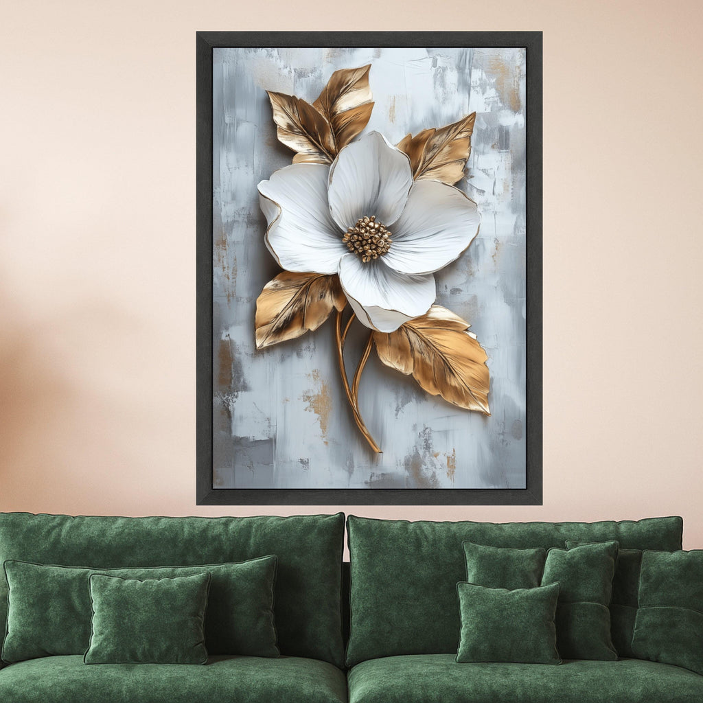 Elegant White Flower Canvas Wall Art, Gold Leaf Botanical Canvas, Modern Floral Home Decor, Nature Canvas, Ready to Hang Ready To Hang,